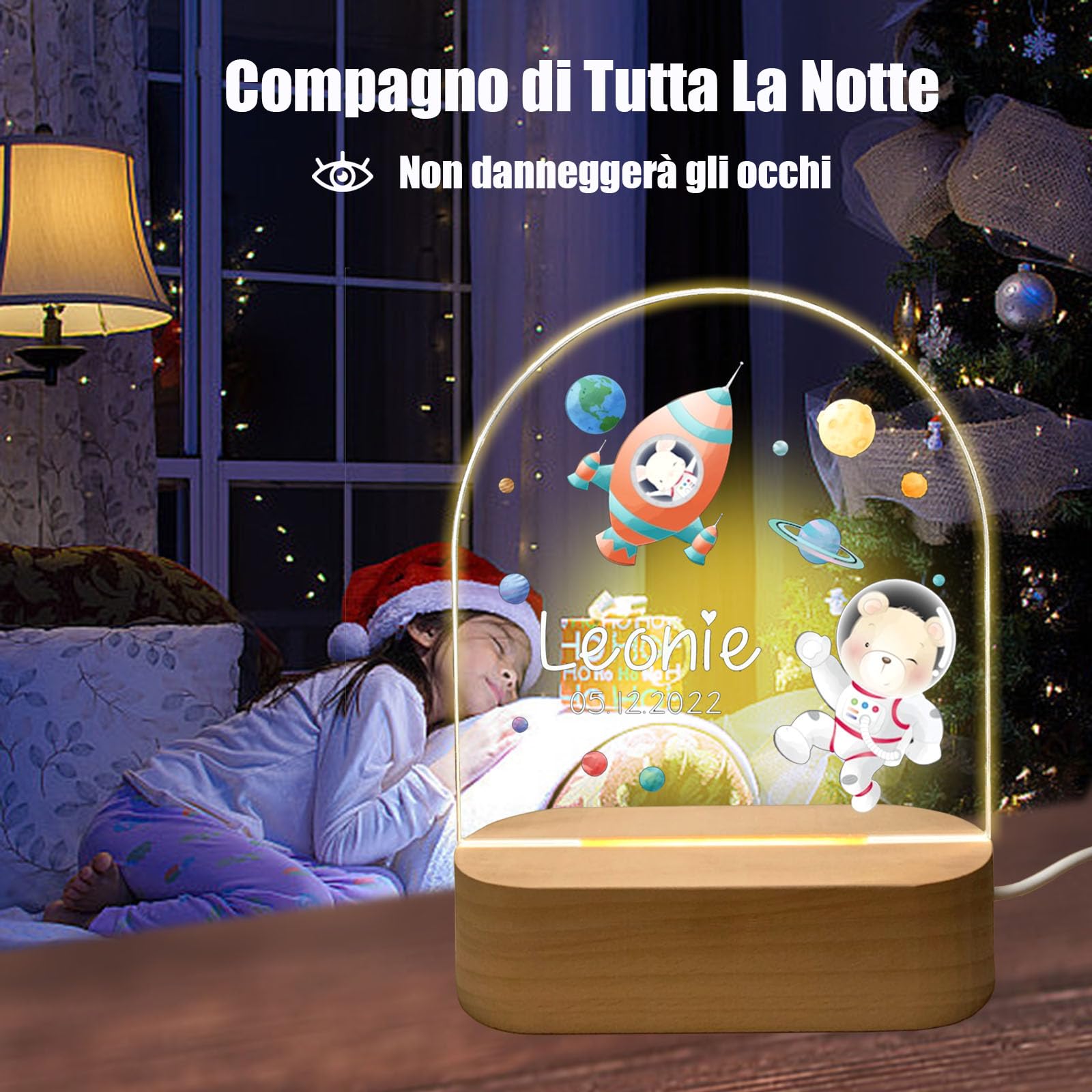 Lampada Notte Personalizzata Per Bambini Con Nome E Data - Led 7 Colori Con Base In Legno E Plexiglass - Regalo Nascita E Battesimo
