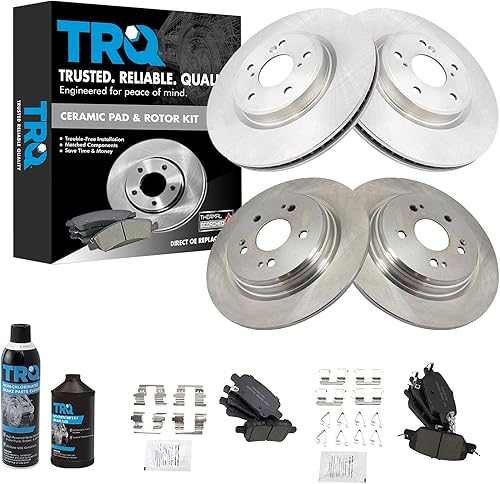 Miniatura 2 de TRQ Kit de pastillas de freno delanteras y traseras y rotores Kit de productos químicos de freno, pastillas de freno de cerámica compatible con