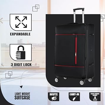 RMW Lightweight Soft Shell Suitcase Luggage Checked in Trolley Medium 24’’ Expandable Suitcases 3 Combination Lock with 4 Dual Spinner Wheels Telescopic Handle (Black)