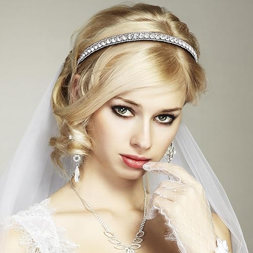 Miniatura 6 de Paquete de 2 diademas antideslizantes con diamantes de imitación para mujer, bandas de pelo de cristal brillante para bodas, accesorios para peinar