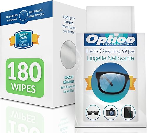Optico Toallitas de limpieza prehumedecidas para lentes, 5 x 3.5 pulgadas, 180 toallitas Limpiador de alta calidad para lentes, pantallas y cámaras,