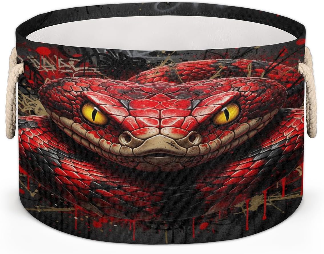 Large Storage Baskets - Red Snake Nursery Round Collapsible Organizer Bin Box, Laundry Hamper for Kids Toys, Blanket, Bedroom Living Room Home Decor, Gift Basket, 19.4"x13.3"