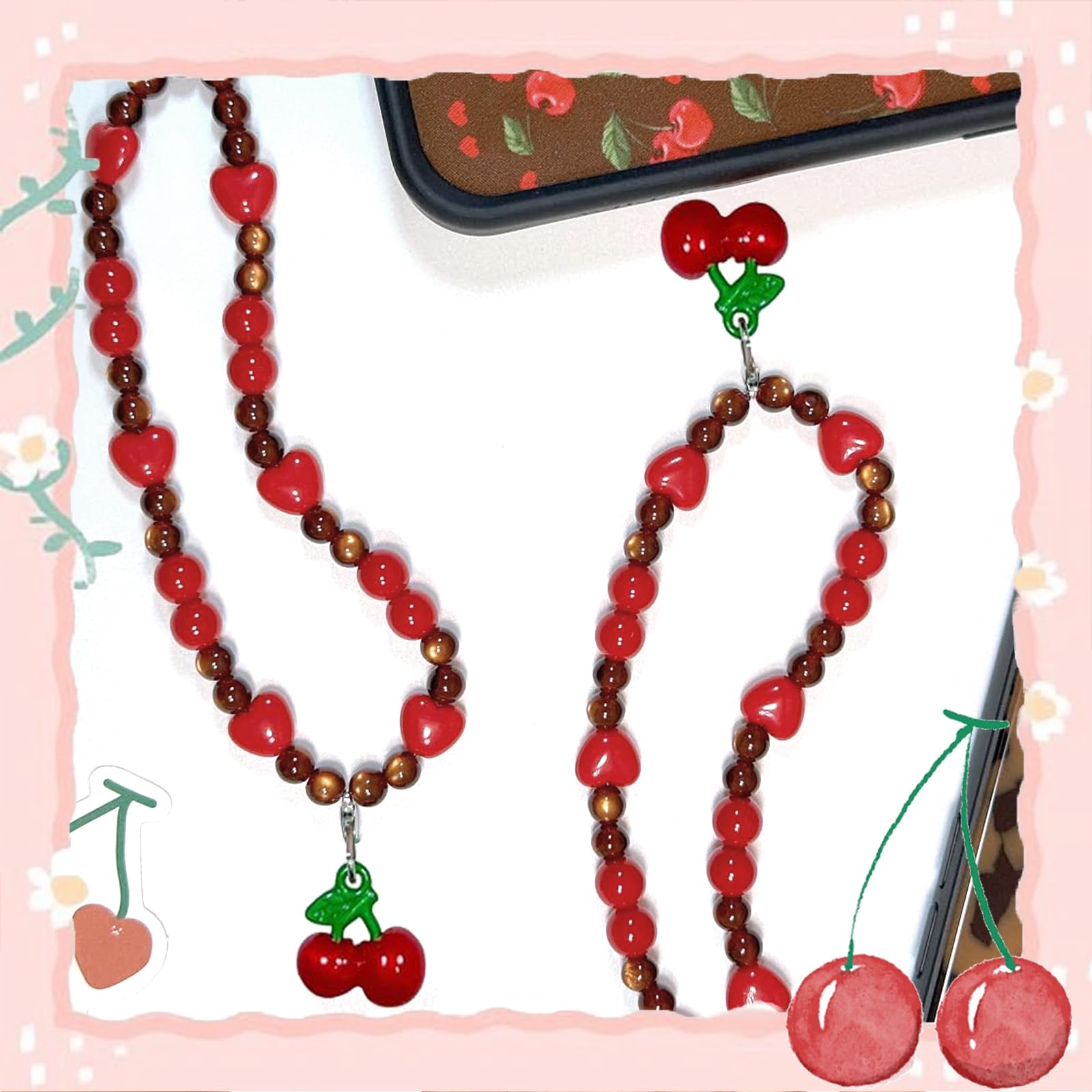Chaîne de Pendentif pour Téléphone Portable, Charme Universel, Cordon Cherry, Bracelet Kawaii