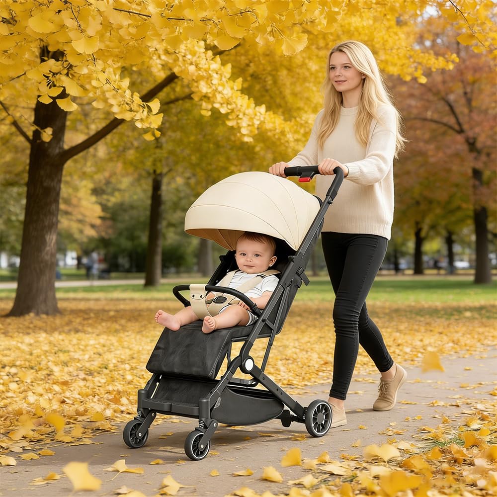 Buggy, wózek dziecięcy, wózek do leżenia, wózek sportowy, składany, siedzący i leżący, 4 koła PU, 5-punktowy pasek, waga 15 kg (khaki, A)
