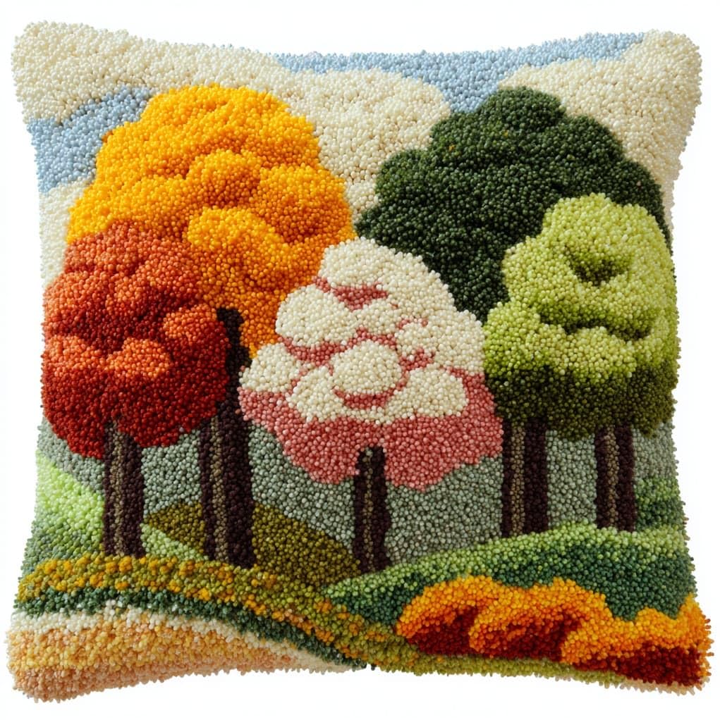 Henypt DIY Latch Hook Cushion Kit,Flowering Trees 43x43cm Sofa Pillow Cover Making Set,Premium Yarn & Printed Canvas with Clear Instructions