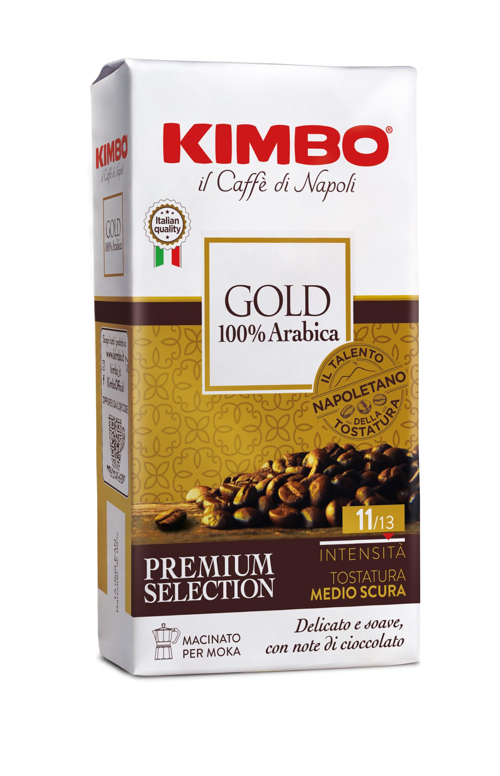 Kimbo Kaffee Gold 100% Arabica, 20 Packungen à 250 g gemahlen, ideal für Mokka | 5 kg gemahlener Kaffee, cremige Mischung, Intensität 11/13, mittlere Röstung