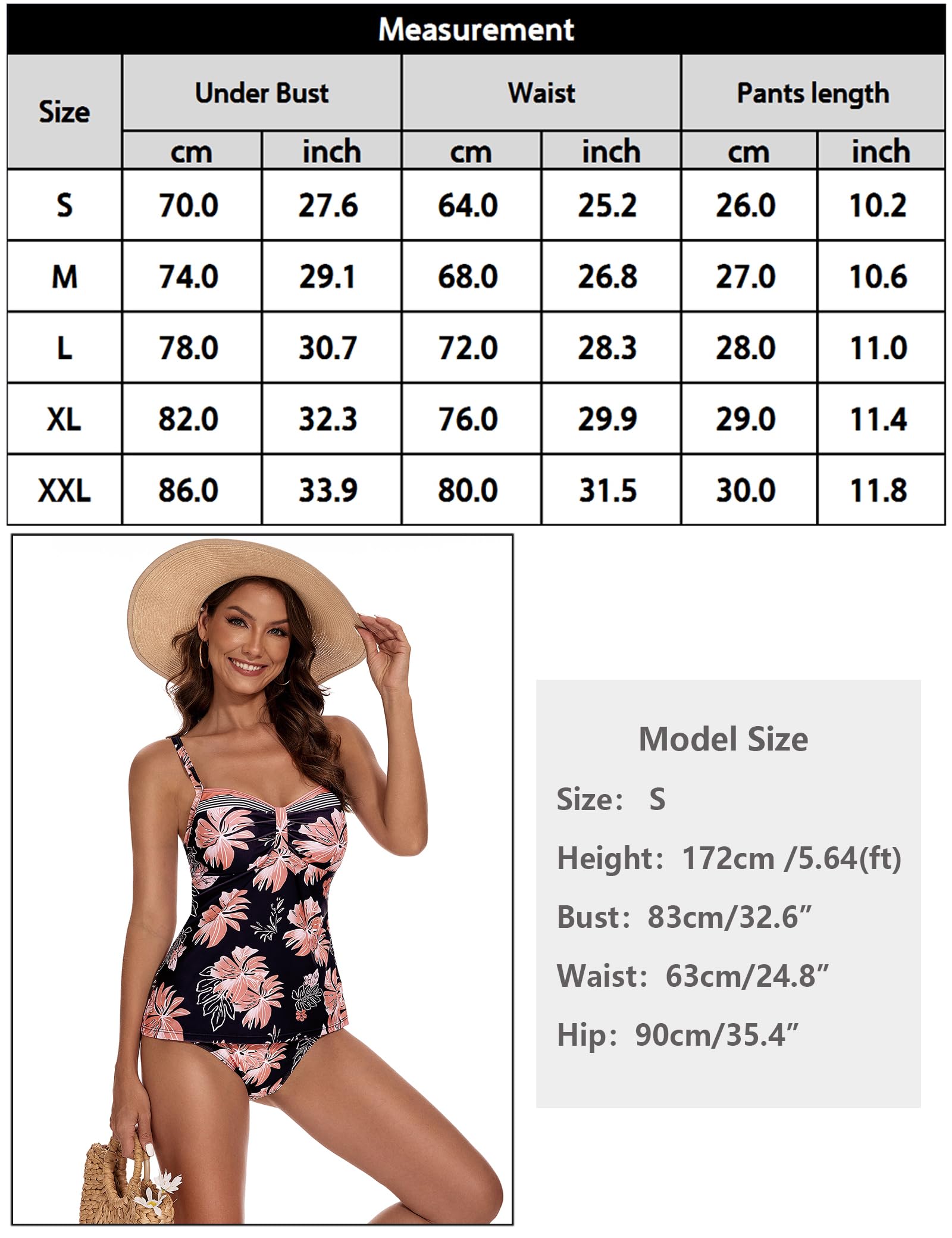 Aottori Maillot de Bain Femme 2 Pièce Tankini Imprimé Rembourré Maillot avec Short Maillots de Bain Push Up Bikini Rayures Rembourré Beachwear
