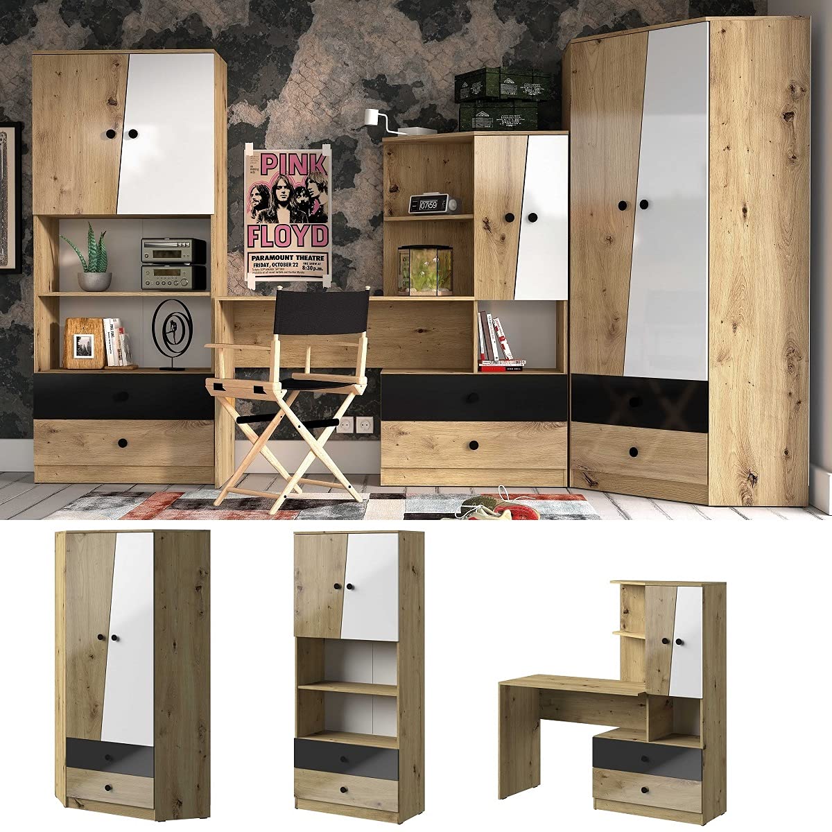 QMM Jugendzimmer Kinderzimmer komplett Neo Set A Schrank Schreibtisch Regale (Schwarz-Matt)