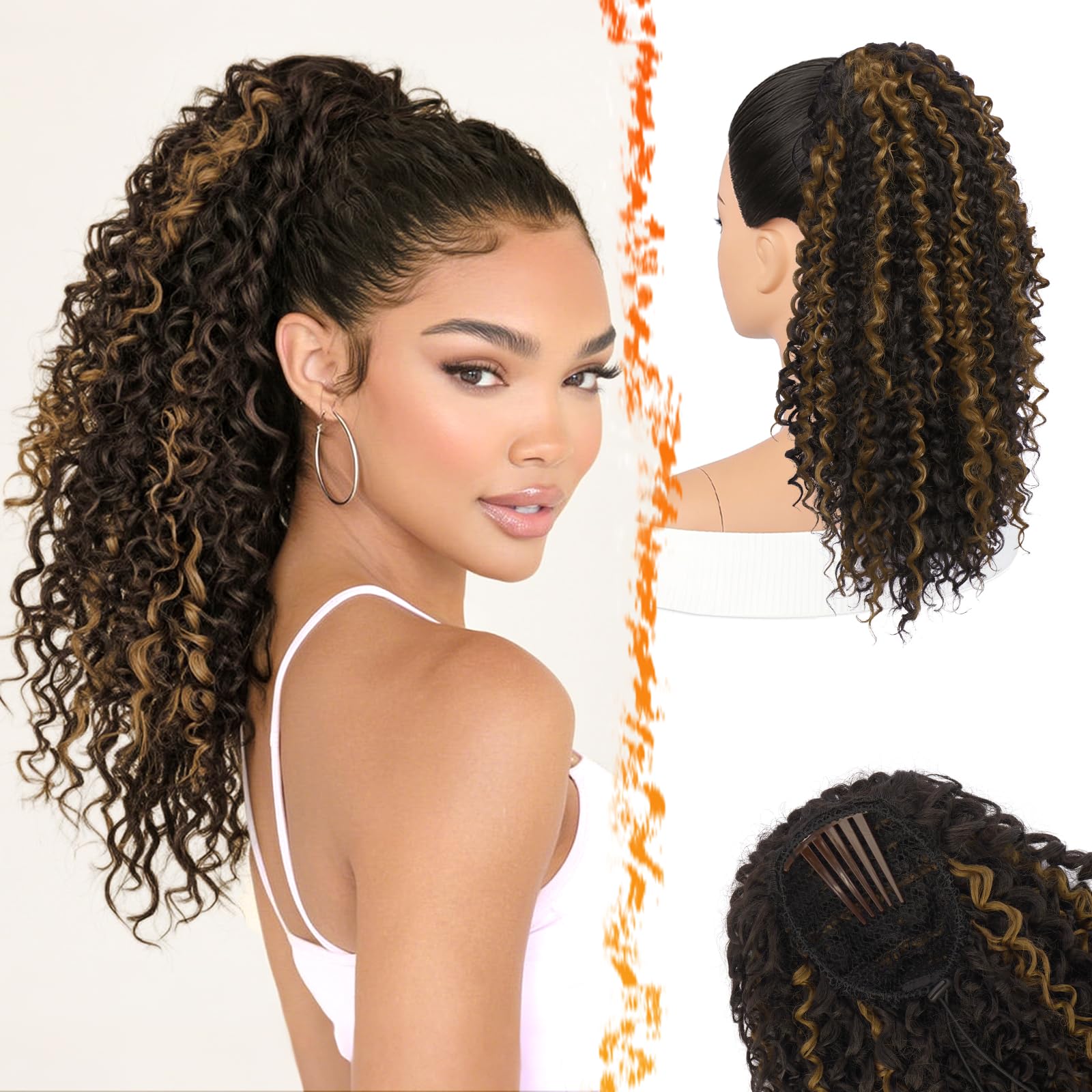 Coda Capelli Extension, Ricci Coda di Cavallo con Coulisse Pure Protein Fibra 45cm Bohemian Ricci Ondulati Pettine Clip in Ponytail Posticci, Nero Marrone con Highlights