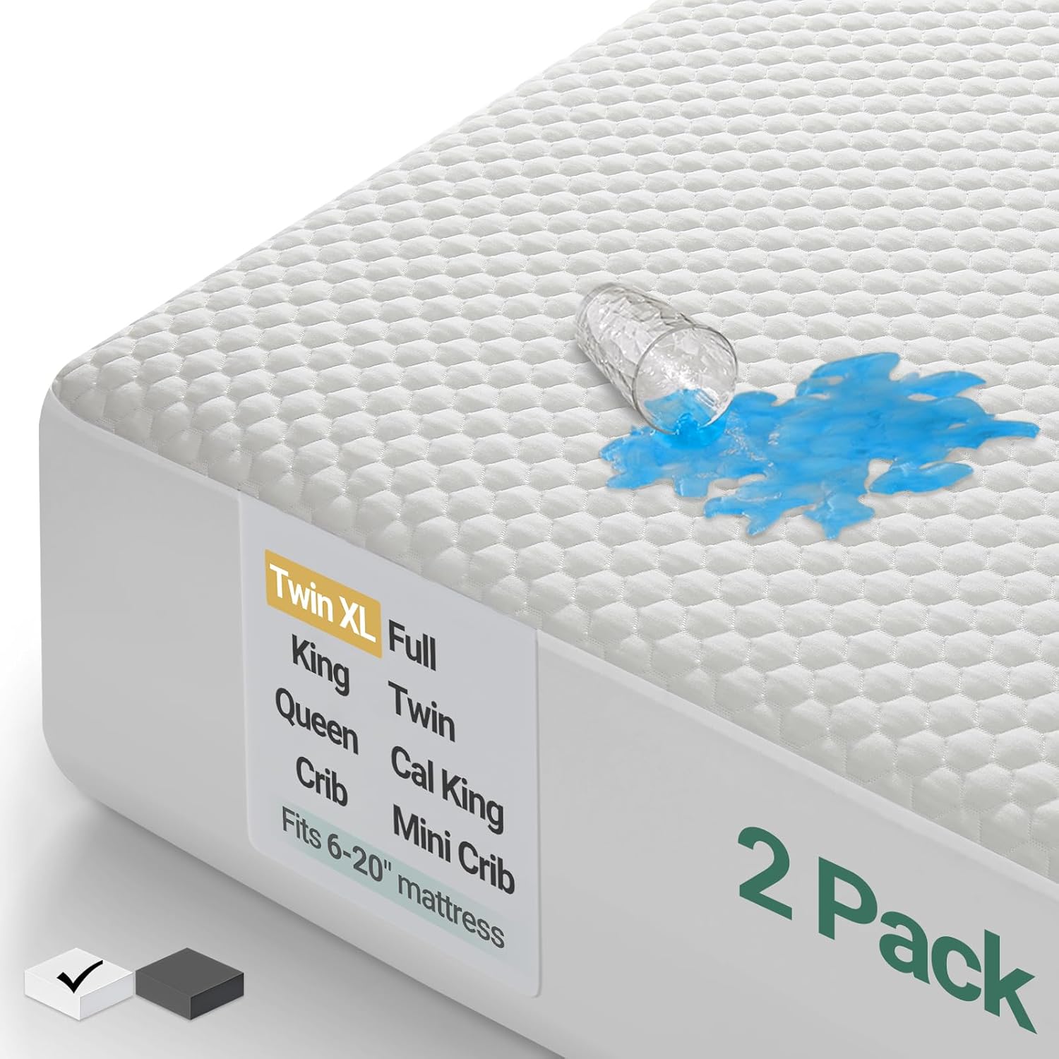 ohgeni 100% waterproof mattress protector, twin xl-2 pack size mattress pad, fits 6"-20" mattresses with deep pocket, cooling, breathable fitted sheets, soft bed cover, noiseless, machine washable white twin xl(pack of 2)