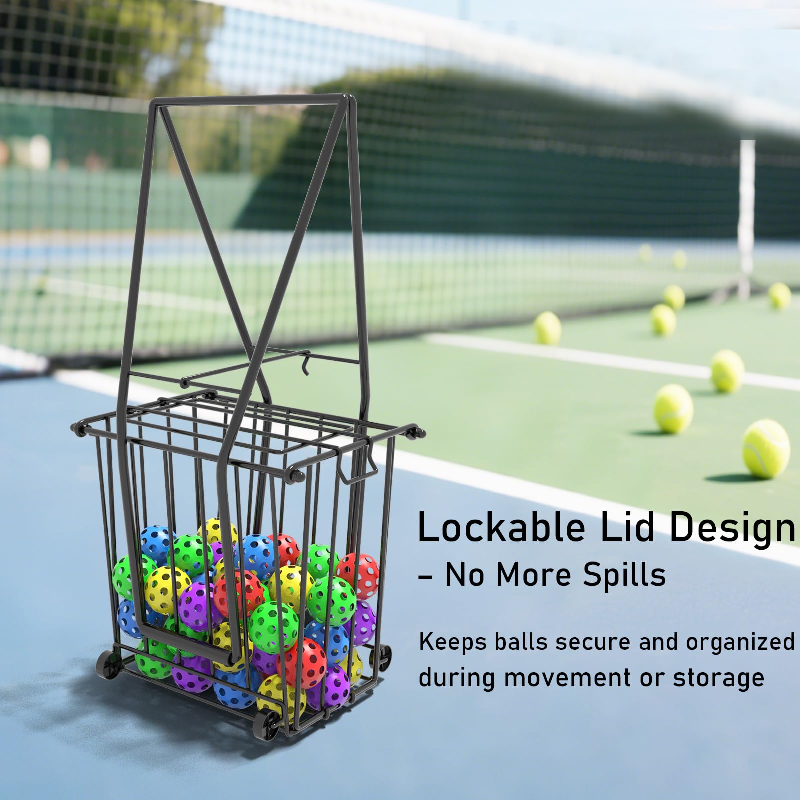 Panier de Tennis et Pickleball avec roulettes – Panier ramasse-balles, capacité de 75 balles de Tennis et 50 balles de Pickleball