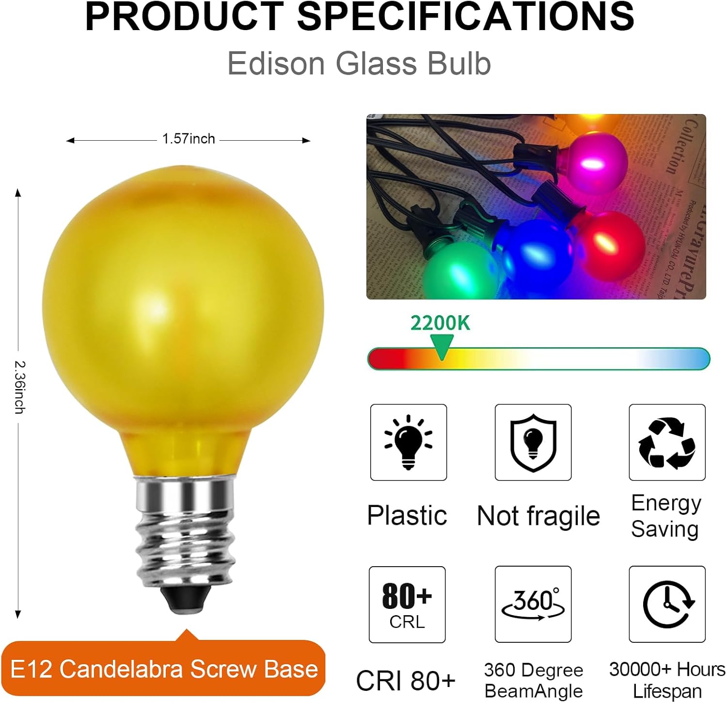 GOOTHY 25 Pack G40 Frosted Multicolor LED String Light Bulbs, E12/C7 Candelabra Base Christmas Globe Replacement Bulbs for Indoor Outdoor, 0.6W Shatterproof LED Night Light Bulbs
