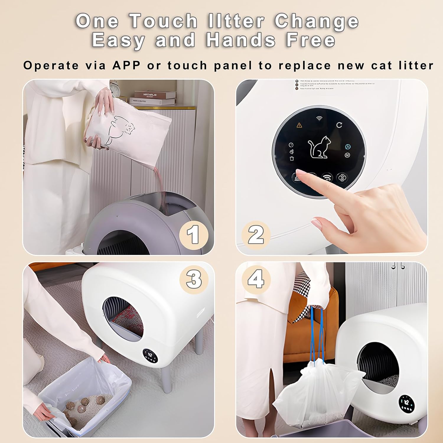 Four-step visual guide on how to change litter and empty the waste bin of the XQDKoon C001