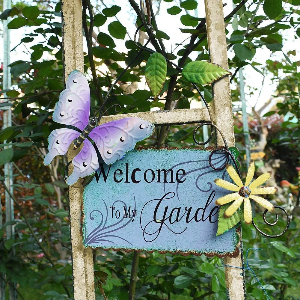 Morning View Set of 3 Vintage Metal Garden Sign with Butterfly Daisy and Leaf, Decorative Hanging Welcome Plaque for Garden Patio Porch Yard Wall Outdoor Decor