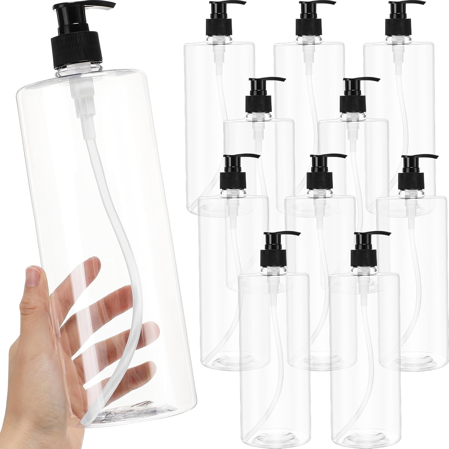 meekoo 10 Pcs Empty Shampoo Bottles with Pumps 32 oz / 1 Liter Bulk Refillable Plastic Dispenser Shampoo and Conditioner Bottles with Black Caps Leakproof for Lotion Massage Oil Body Wash