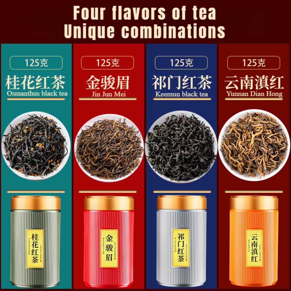 Regalo De Té Seleccionado De 4 Tés Negros Clásicos, (125g * 4) Té Negro Jinjunmei, Qimen, Dianhong Y Osmanthus