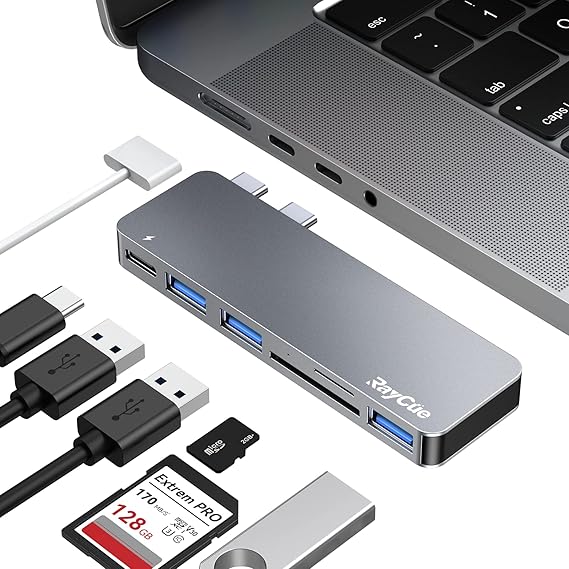 RayCue USB C Hub Adapters for MacBook Pro/MacBook Air M1 M2 M3 2023 2022 2021 2020 2019 13 14 15 16, 6-in-2 Multiport MacBook Adapter with Thunderbolt 3, 3 USB 3.0 Ports, SD/TF Card Reader