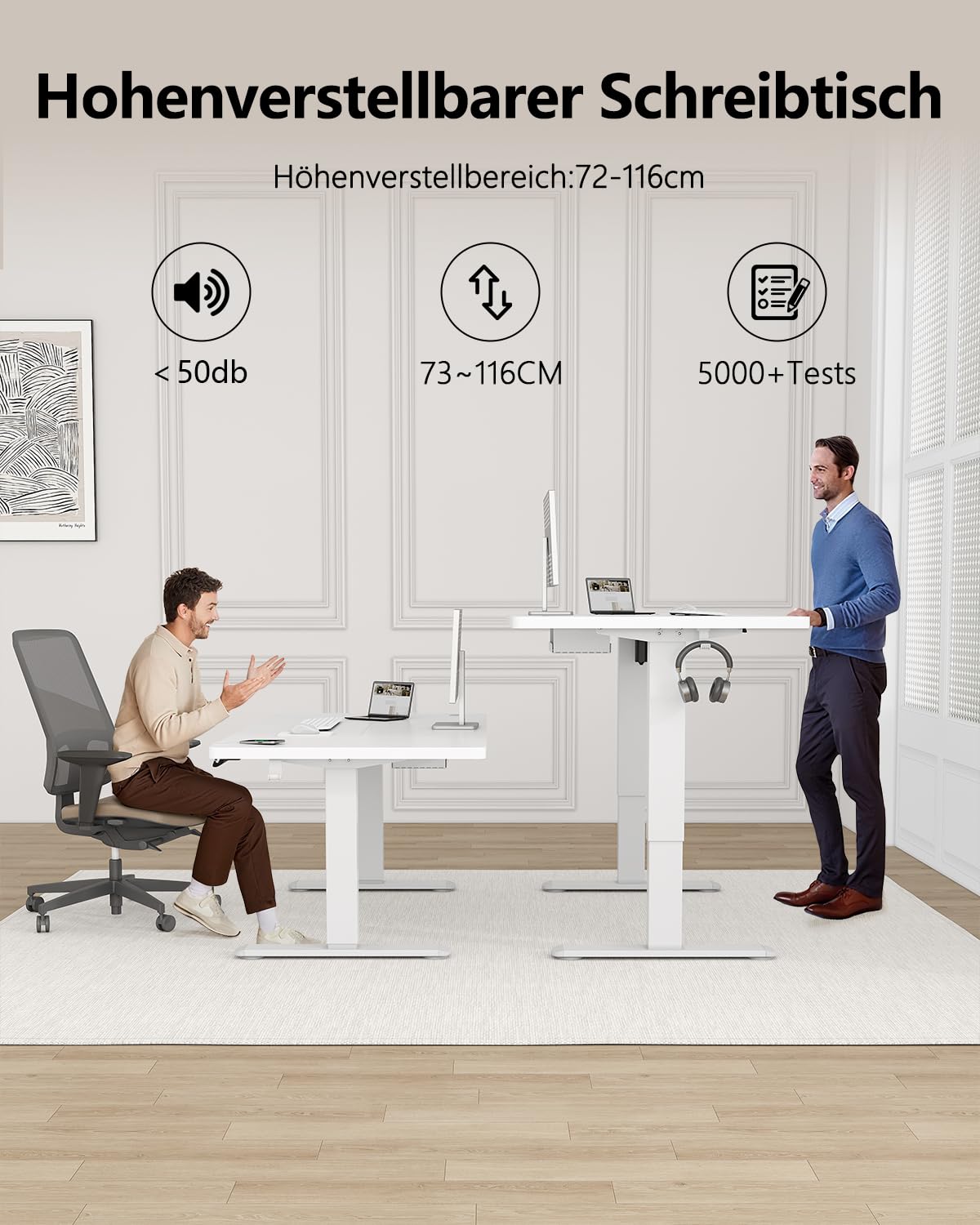 Flamaker Höhenverstellbarer Schreibtisch 200 x 80 cm mit 18 mm Tischplatte | Elektrisch Höhenverstellbarer Bürotisch mit Memory-Funktion, Computertisch mit Kabelwannefür Büro und Homeoffice, Weiß