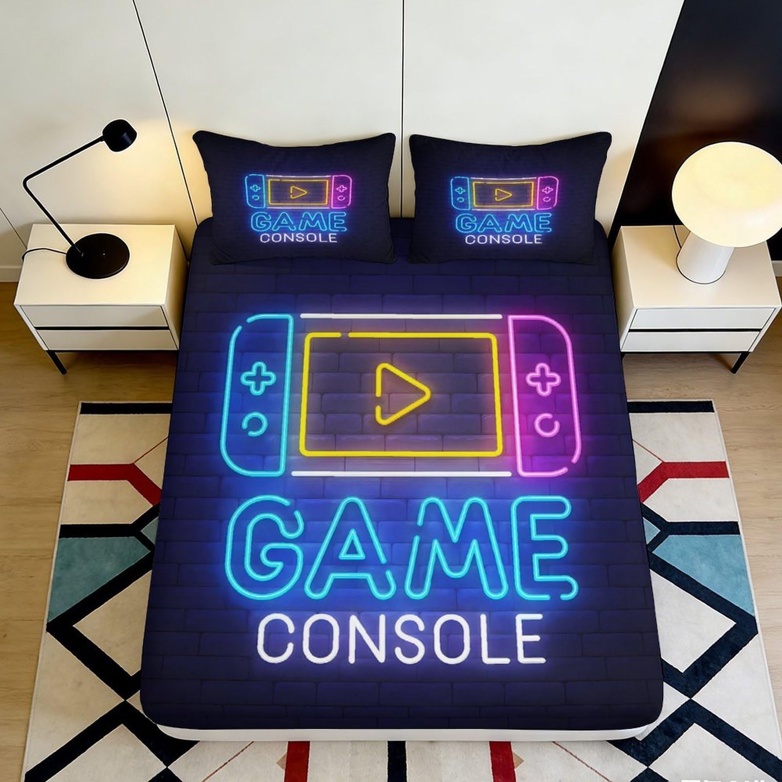 3D Printed Neon Game Console Fitted Sheet Microfiber Play Controller Mattress Cover Anti-Slip for Bedroom Dorm Home Decor 160x200x25cm