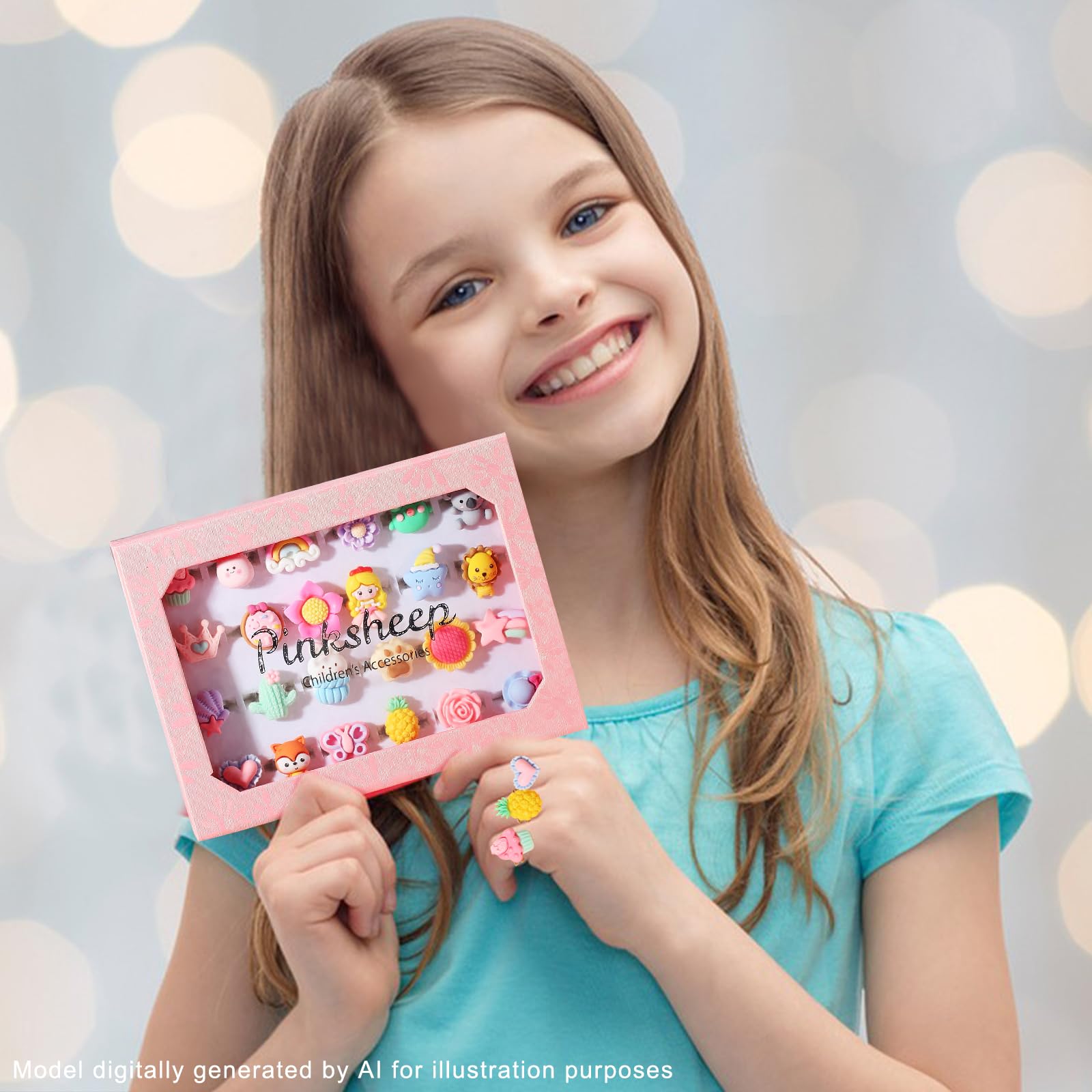 PinkSheep Anelli gioiello per bambina in scatola, regolabili, non duplicabili, anelli per gioco e per vestire la bambina (24 anelli di superficie)