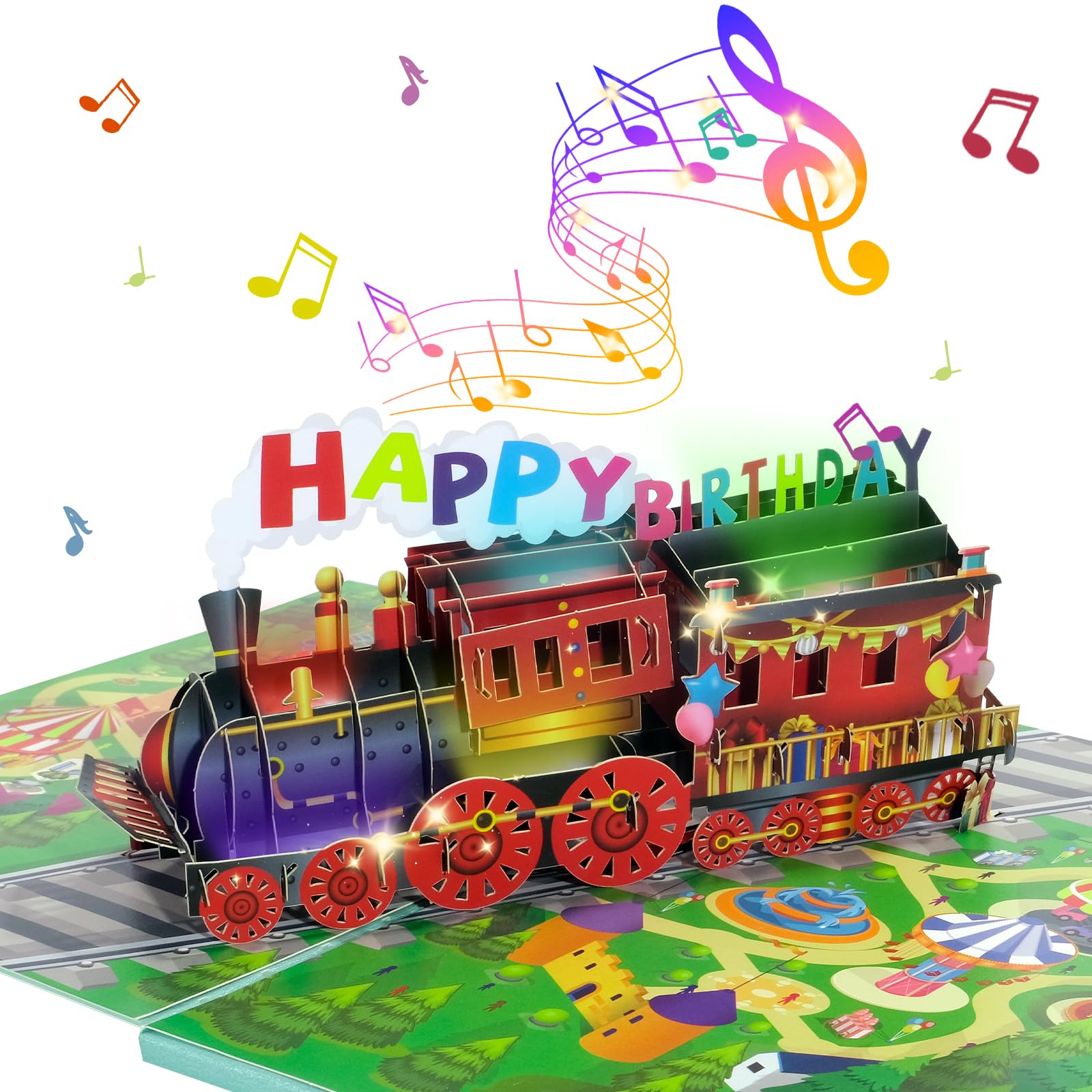 CANREVEL Birthday Cards 3D PopUp LED Light Candle Cake Music Happy Birthday Card Postcards Greeting Cards Gifts Ideas for Women, Men - Red Train