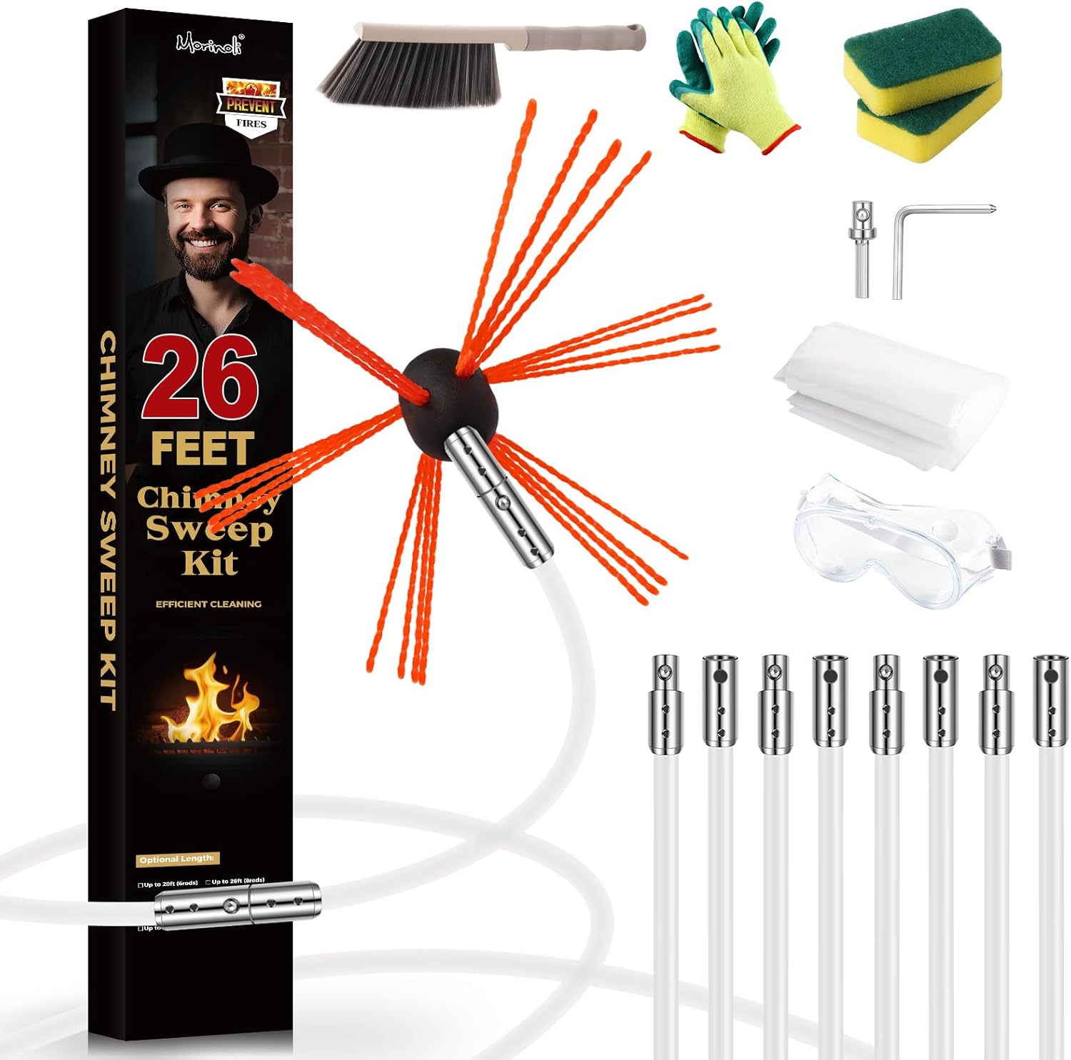 26 Feet Chimney Sweep Kit, Chrome Button Locking System, Chimney Cleaning Kit, Chimney Brush, Chimney Cleaning Tool, Chimney Cleaning System with 8 Flexible Chimney Rods 26 FT