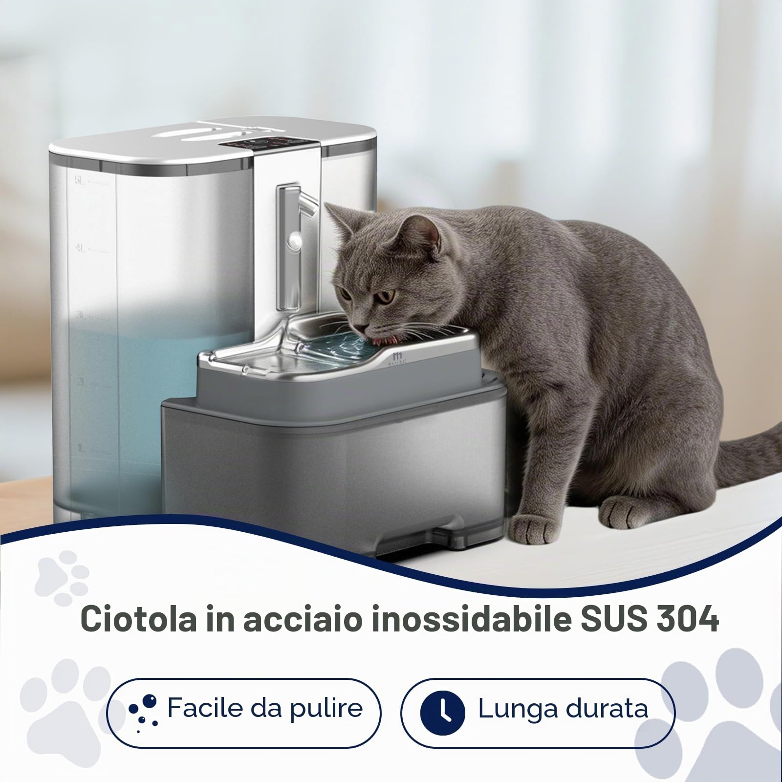 Marchul Fontana per gatti wireless da 5 litri senza filtri, con separazione dell'acqua di scarico, sensore di movimento e programmabile, vaschetta in acciaio inossidabile, alimentata a batterie