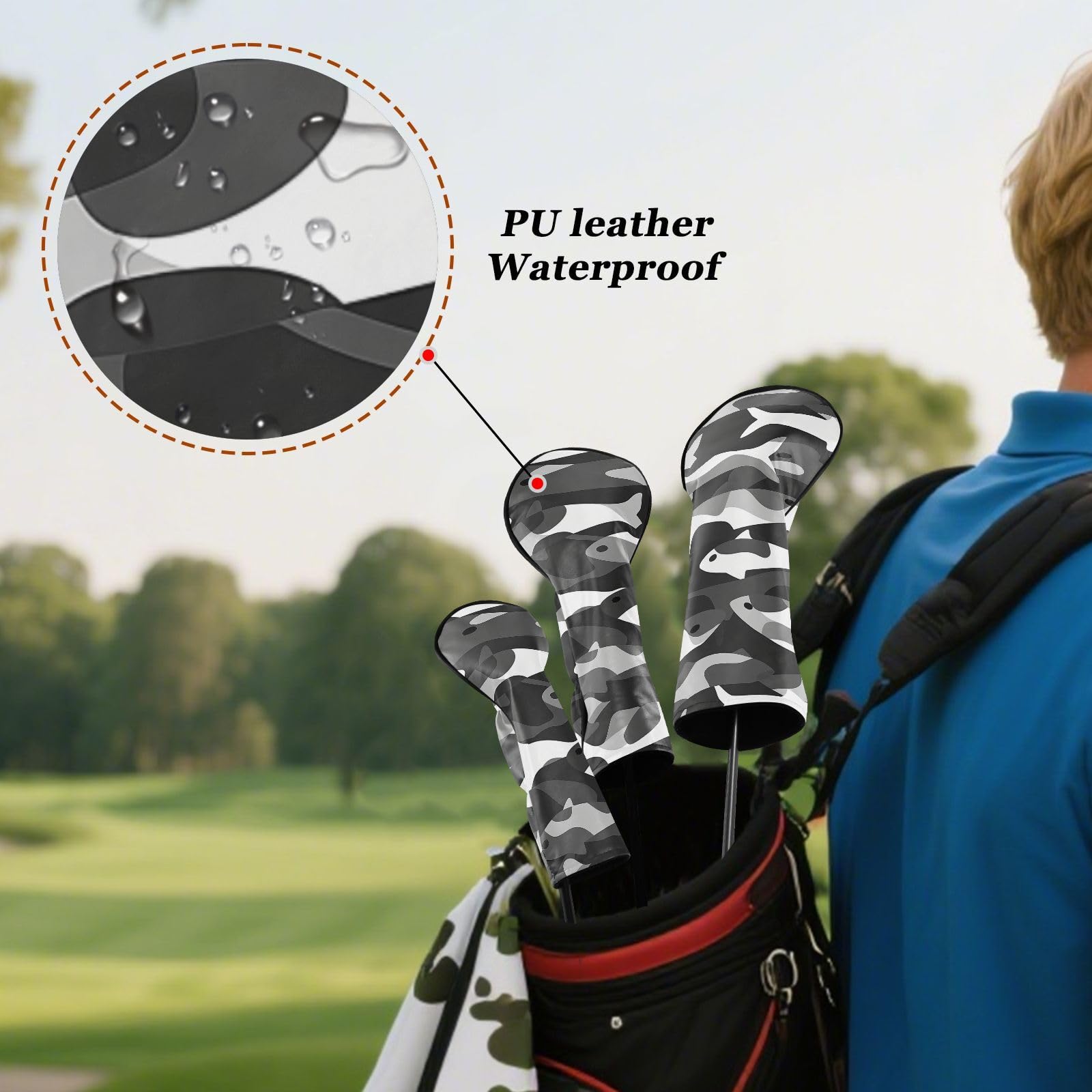 Golfschlägerhauben aus hochwertigem Leder mit austauschbaren Nummern für Fahrer, Fairway-Holz-Hybrid, Schwarz und Weiß, Camouflage, Lachs, 1 Stück