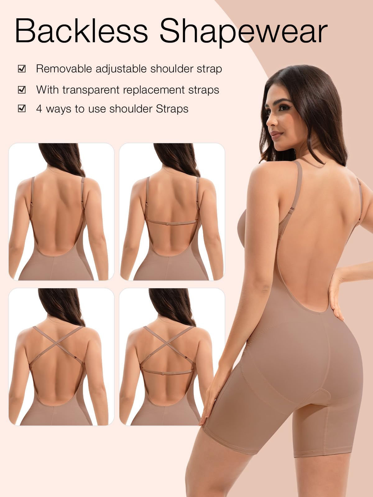 Slimers Backless Shapewear Controllo della pancia: Body modellante con scollo profondo a schiena bassa - Reggiseno snellente integrato modellante per tutto il corpo donna
