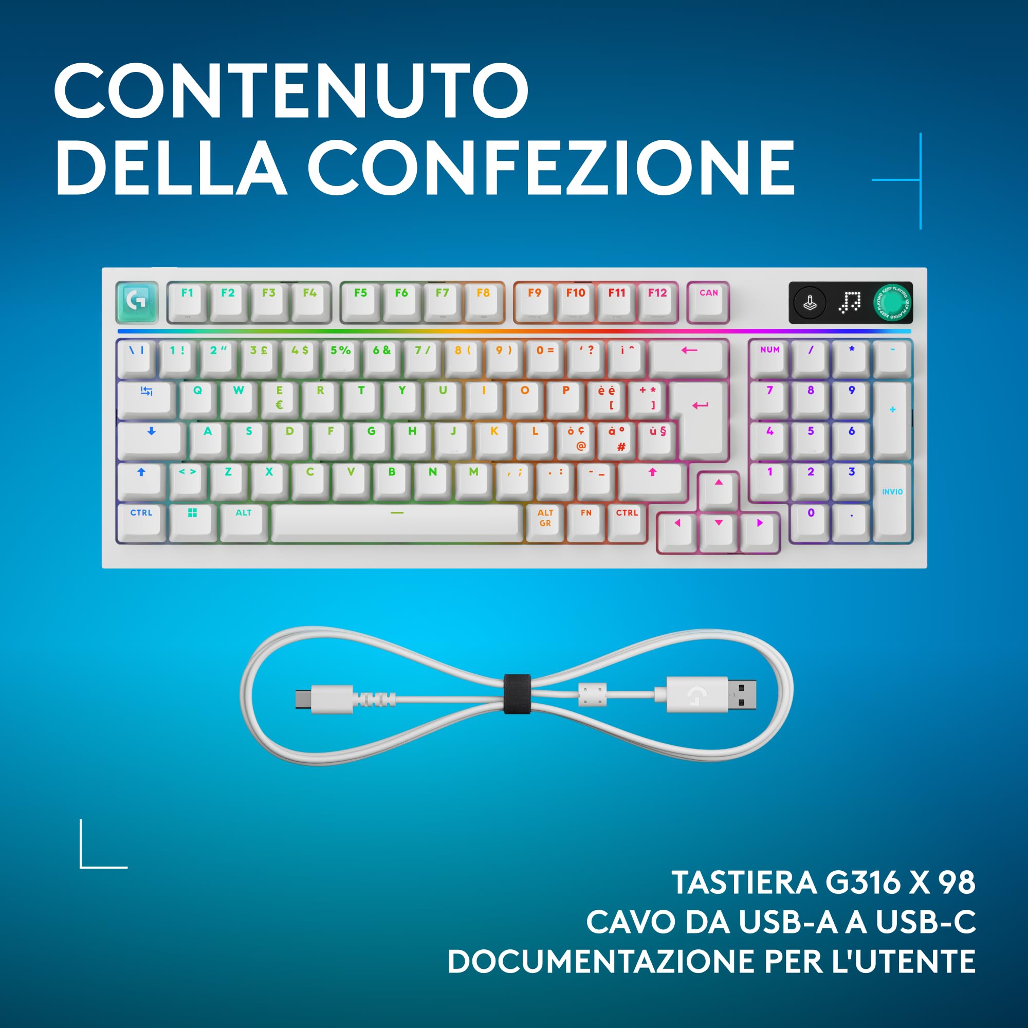 Logitech G G316 X 98, tastiera gaming, 8 kHz, switch Tactile hot-swap, struttura a guarnizione, display LED matrice & manopola, tasti PBT bicomponente, USB-C, RGB LIGHTSYNC, PC, ITA QWERTY - Bianco