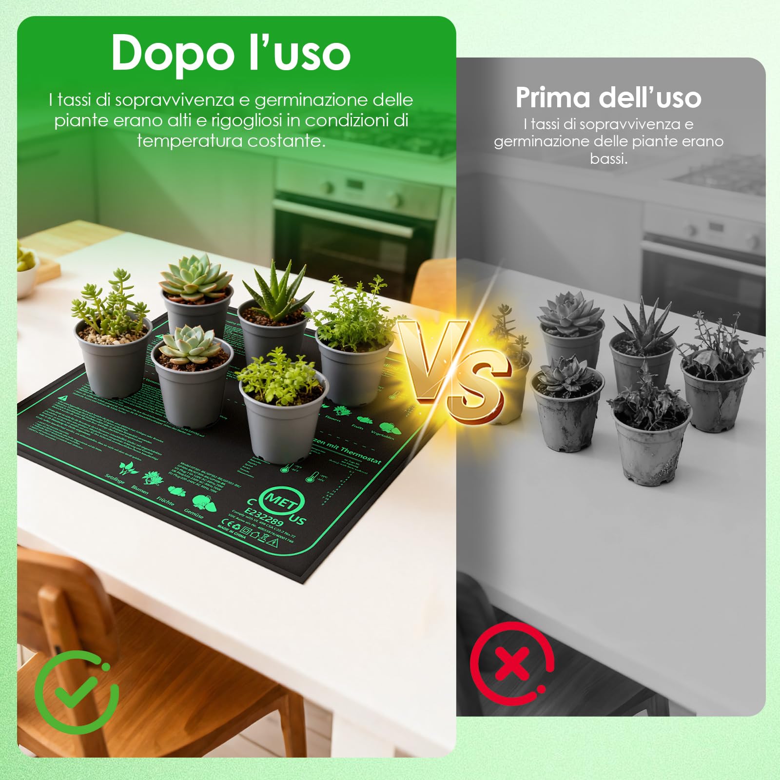 Tappeto Riscaldante 70W con Termostato, 52×50cm Tappetino Riscaldante IPX4 Impermeabile, Filo in Silicone e Cotone Punzonato, Temperatura Regolabile 20-45℃ per Semi, Piante e Rettili