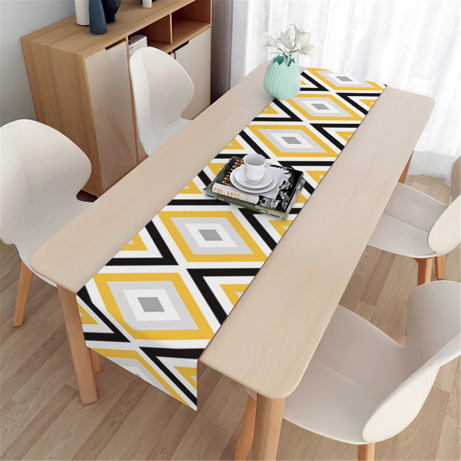 Highdi Yellow Rhombus 3D Table Runners Geometric Table Runner Easy Care Tablerunner Decorative Cloth For Party, Banquet, Restaurant & Outdoors (,33X180cm)