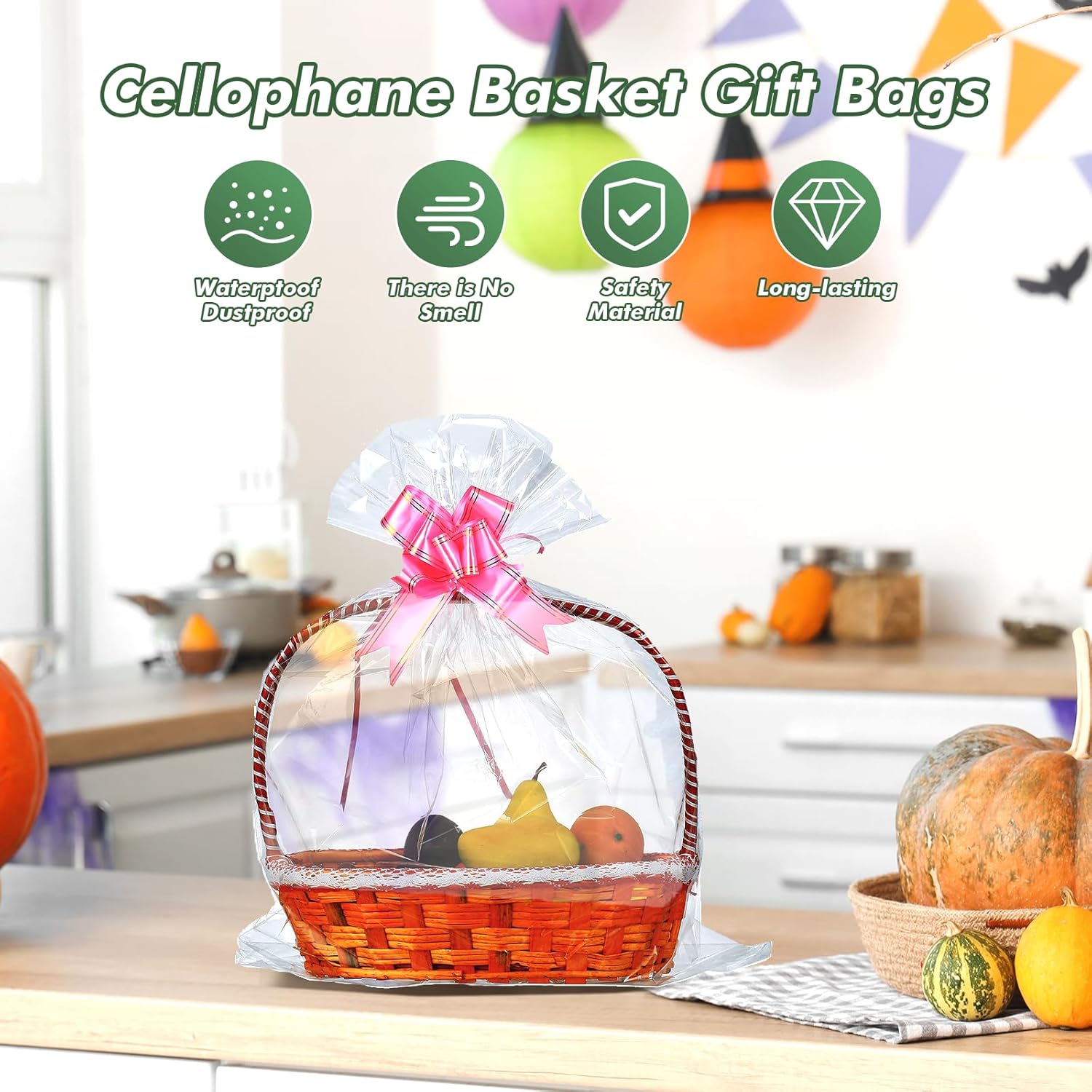 100 Packs 32" x 40" Extra-large Gift Wrap Cellophane Bags for Basket Jumbo Clear Cellophane Wraps Clear Huge Cello Bags for Basket, Gift, Christmas Tree, Treat, Art and Craft, 100ct Pink Ribbon Bows