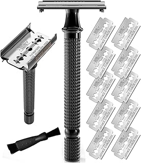 SHAVING REVOLUTION Long Handle Double Edge Safety Razor - Butterfly Open Razor 10 Japanese Stainless Steel Double Edge Blades - Close, Clean Shaving Razor Men., Black Long Handle, 12 Piece Set