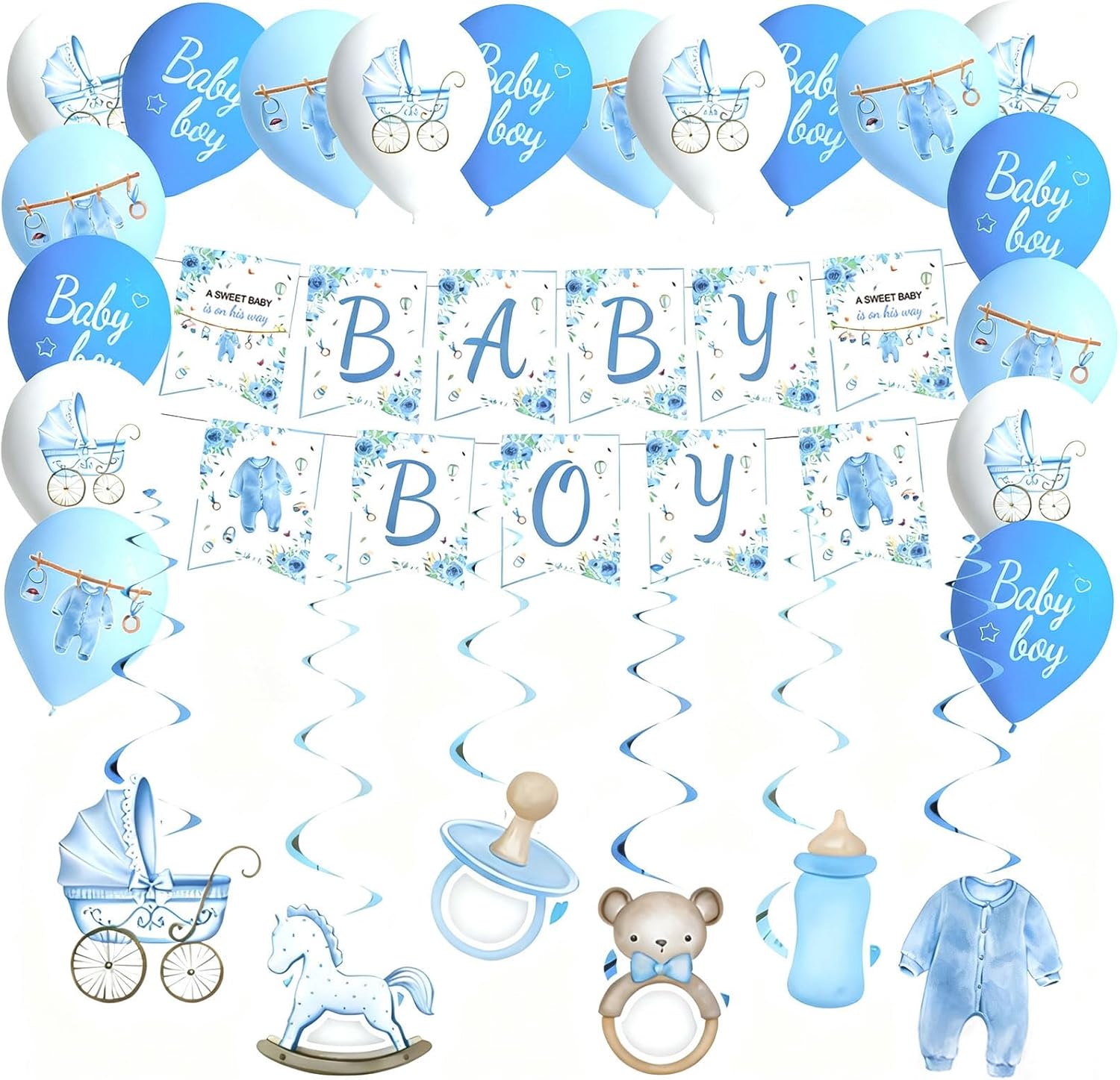 Blue Baby Boy Shower Decorations, Baby Boy Banner Blue White Balloons Banner Hanging Swirls Welcome Baby Banner Baby Shower Decorations Gender Reveal Decor A Sweet Baby is on His Way Party Supplies