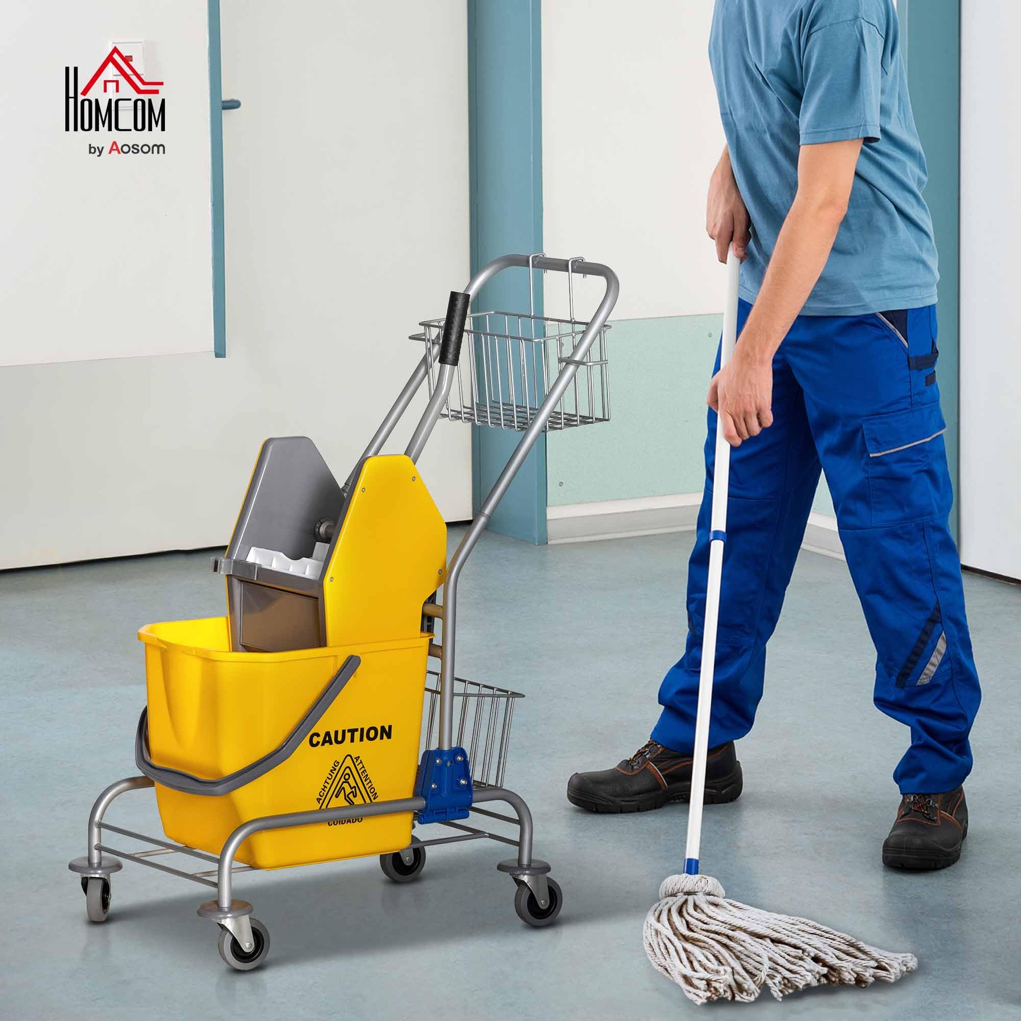 HOMCOM Carrello per pulizie Carrello per pulizie 26 litri Carrello con strizzatore, carrello domestico con rotelle, gancio per mocio Giallo