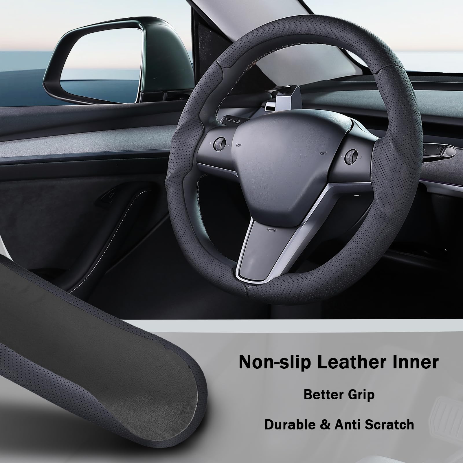 Funda de Volante para Tesla Model 3 2020-2024 Tesla Model Y 2017-2023, Funda de Cuero para Volante para Tesla Model 3/Y, Accesorios Color Negro | Funda de cuero para volante para Tesla Model 3/Y, accesorios color negro