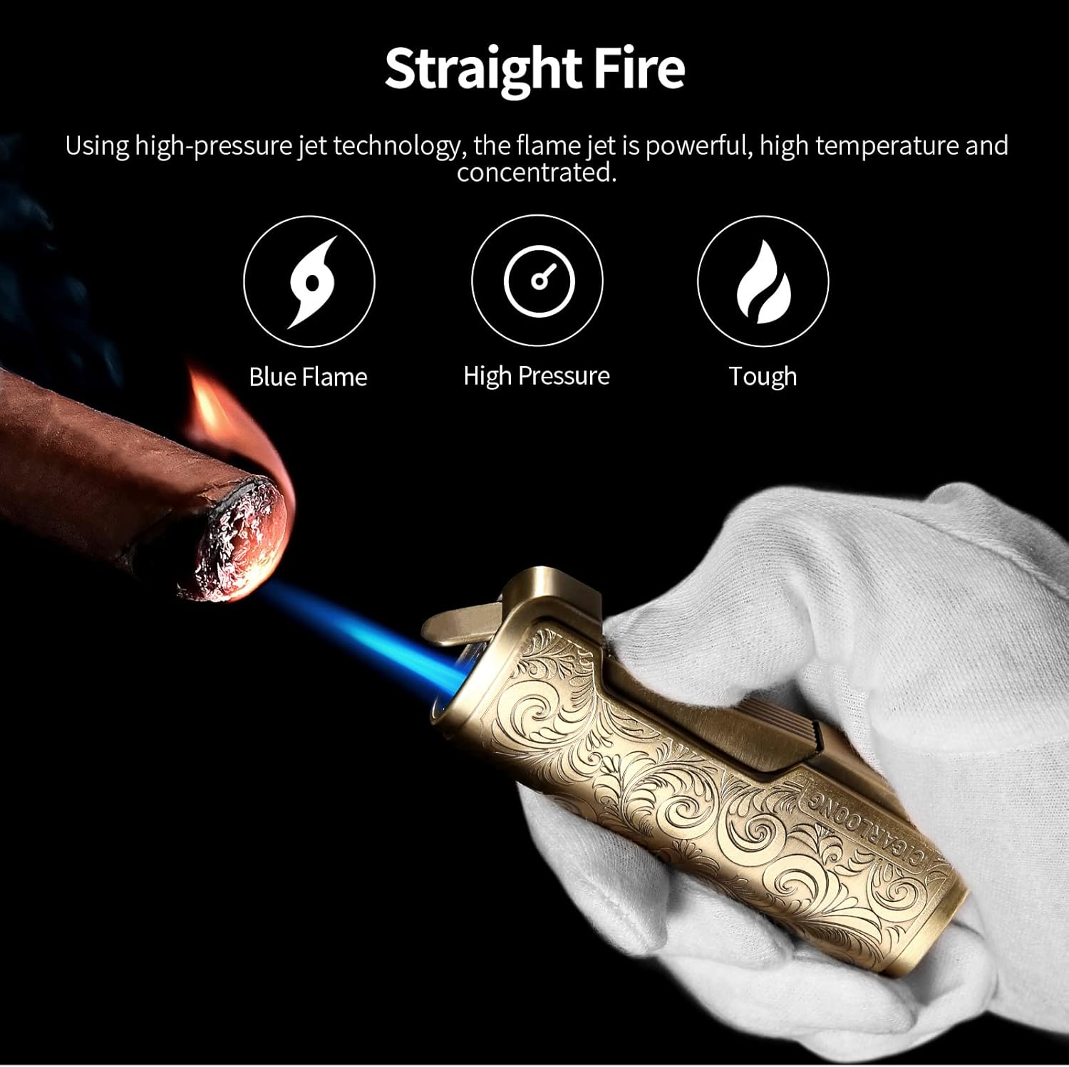 Hand holding the CIGARLOONG lighter with a blue jet flame igniting a cigar