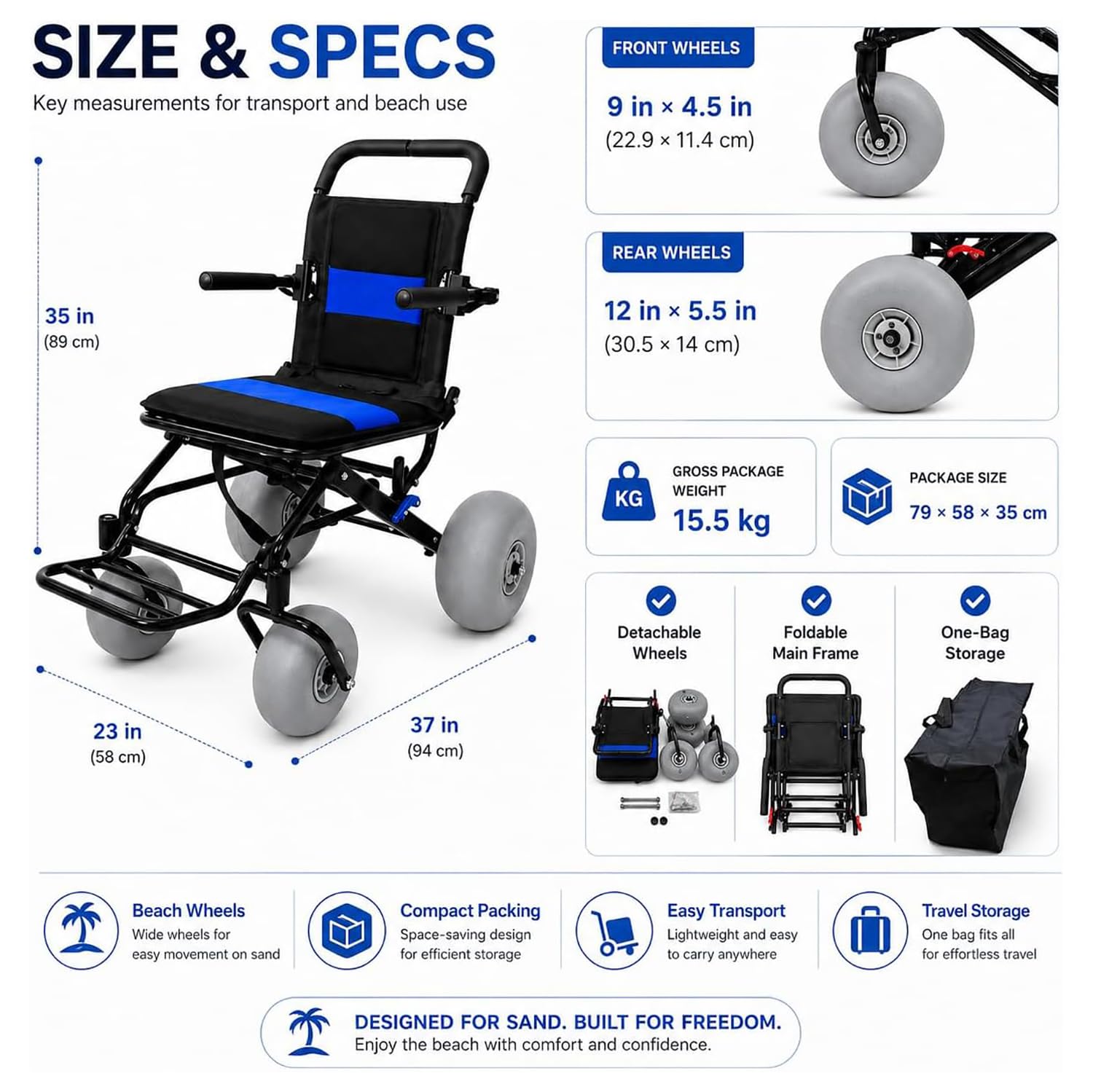 Silla De Ruedas Plegable para Playa, Silla De Ruedas Ligera para Personas Mayores Y Niños, Silla De Ruedas Todoterreno, con Neumáticos Anchos De 12" Y 9", Capacidad De 130 Libras para