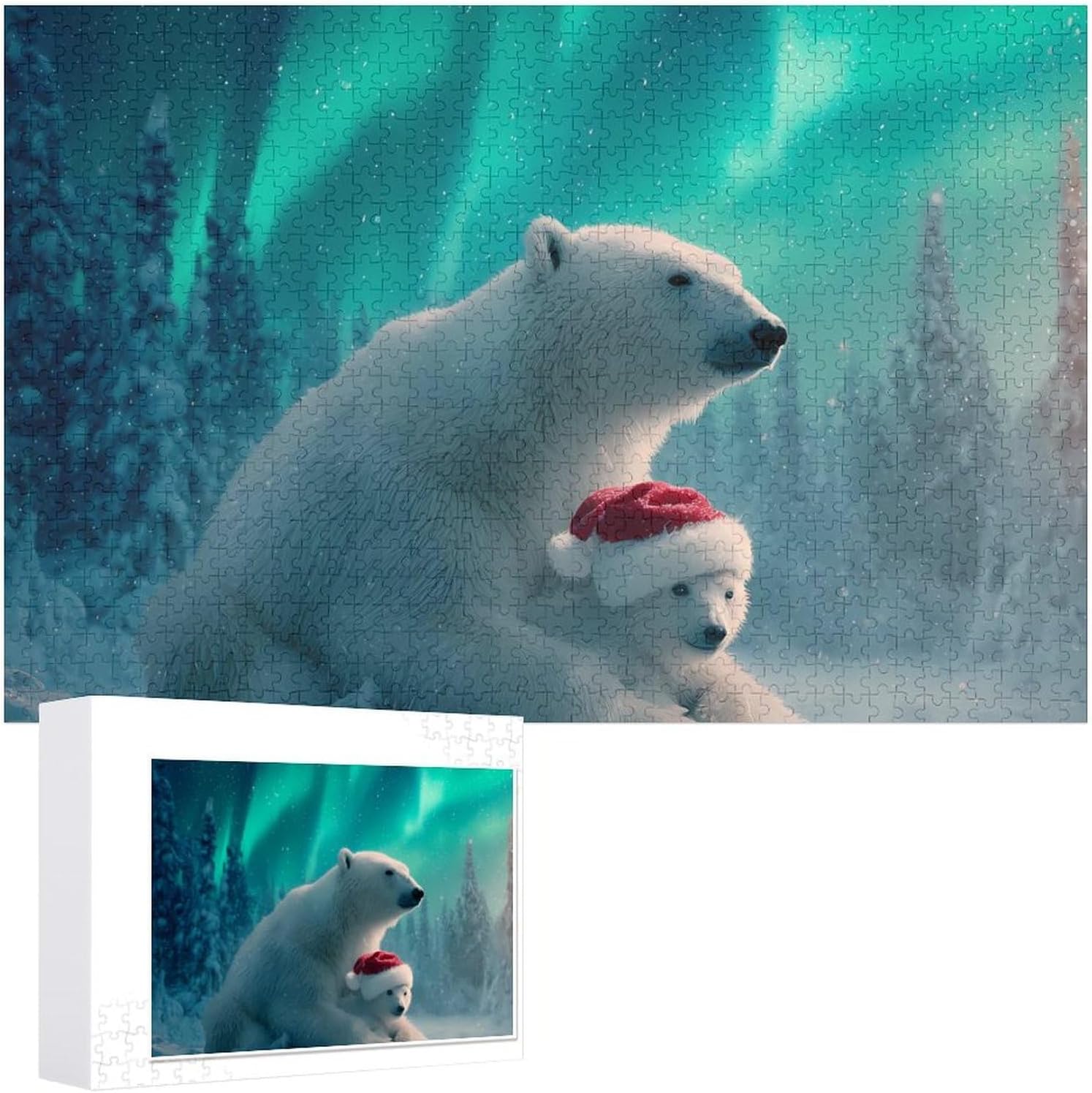 Christmas Bear Northern Lights Puzzles for Adults 1000 PCS Wooden Jigsaw Puzzle Wall Decor Christmas