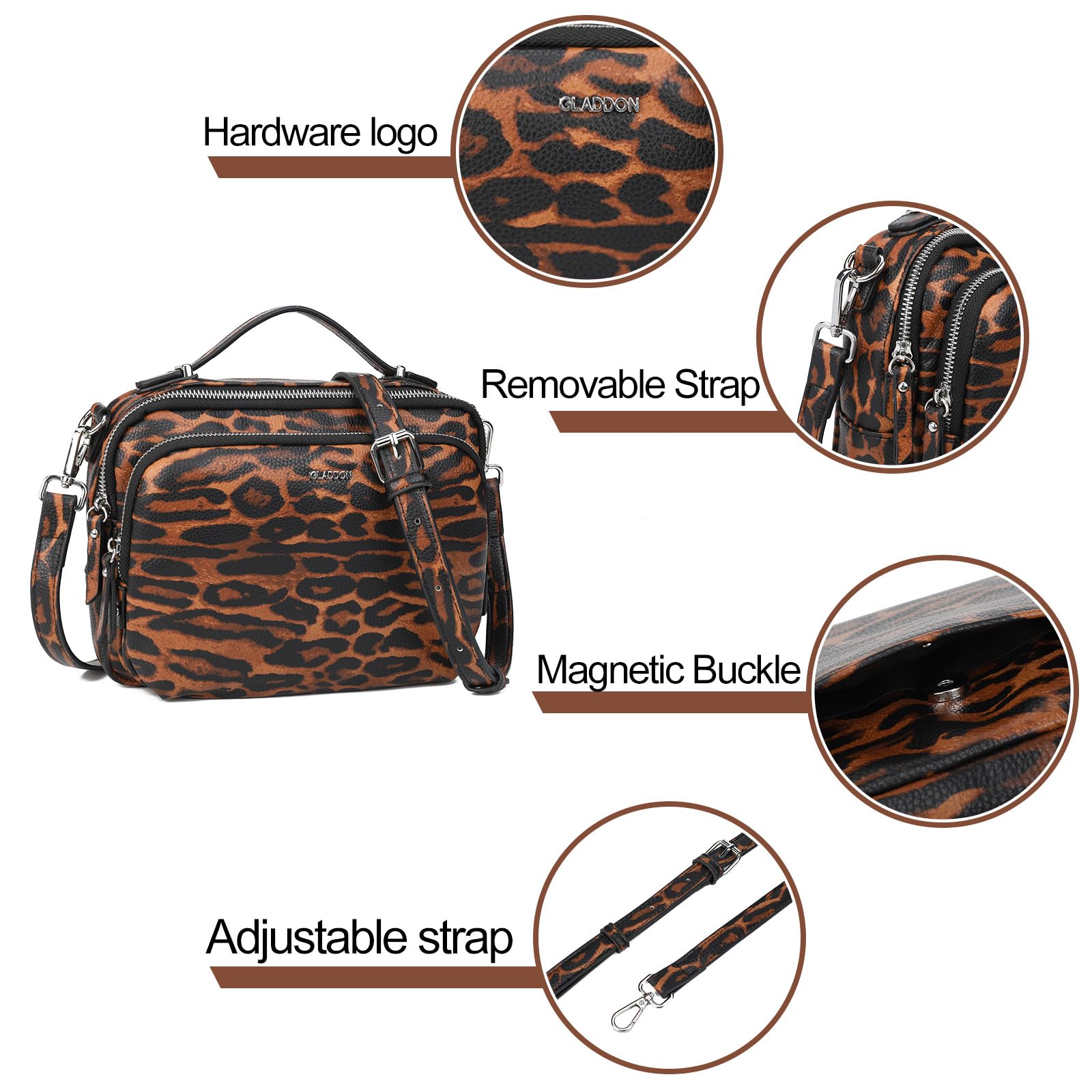 Gladdon Piccola Borsa a Tracolla Donna, Crossbody Bag con 3 Scomparti Capienti, Borsa Mano PU Pelle Sintetica, Borsetta Moda Borse Spalla con Tracolla Regolabile e Rimovibile…Leopardo