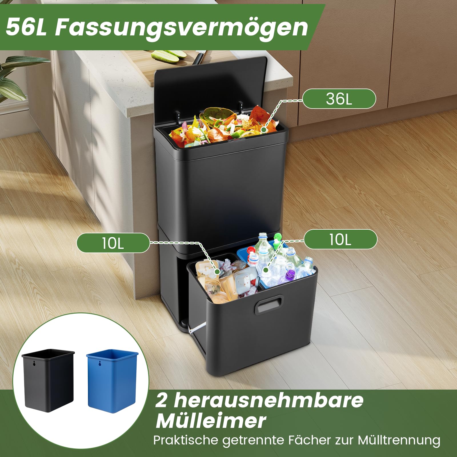 COSTWAY Mülleimer 3 Fächer, 56L Mülltrennsystem inkl. 2 ausnehmbaren Abfallbehältern, 2 x 10L + 36 L, elektrischer Abfalleimer mit Sensor & Softclose-Deckel, für Küche, Büro (Schwarz)
