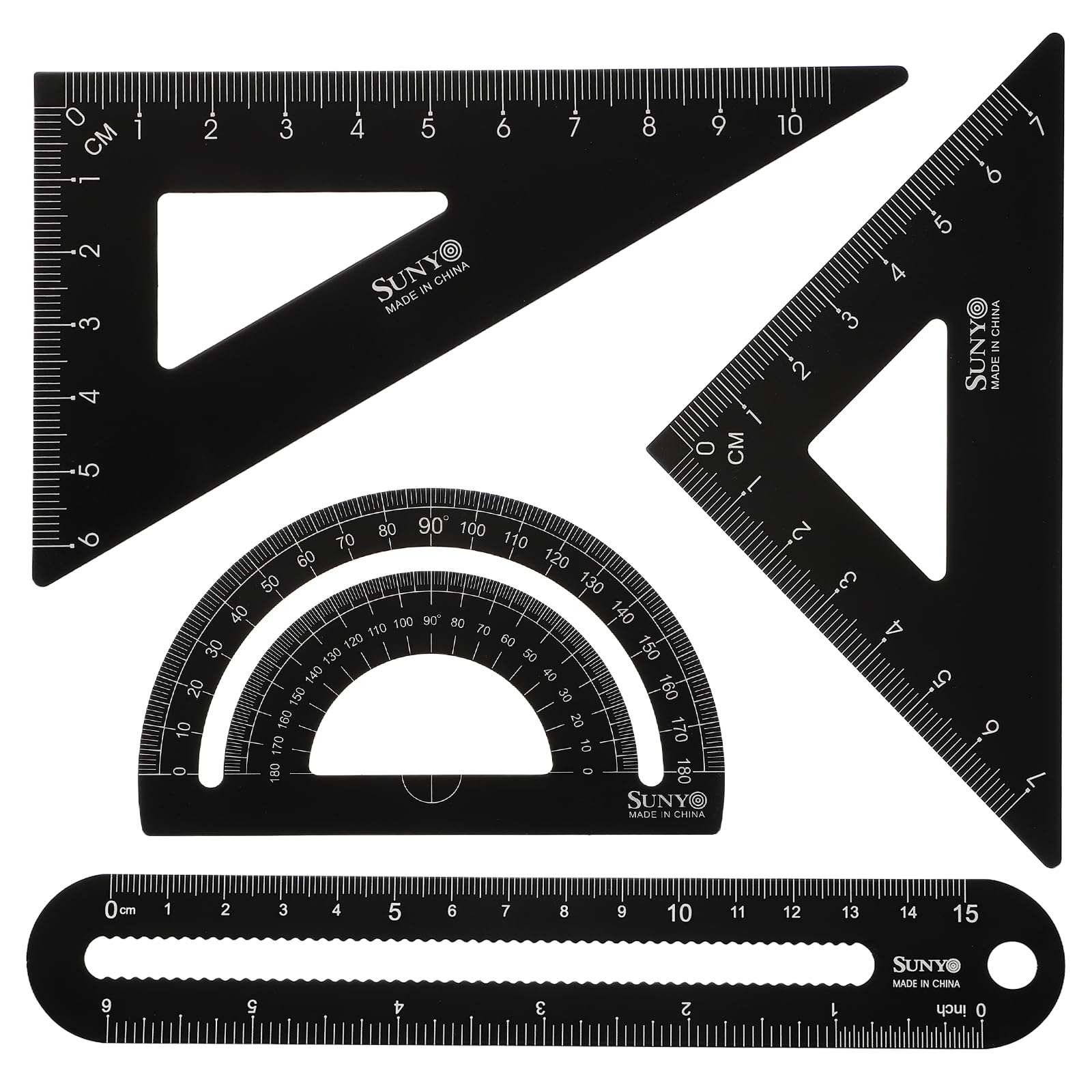 sourcing map 4pcs Triangular Ruler Set 15cm/6" Aluminum Alloy Straight Geometric Protractor Triangle Engineering Scale Drafting Ruler Kit Measuring Drawing Tool for Classroom Office Home, Black