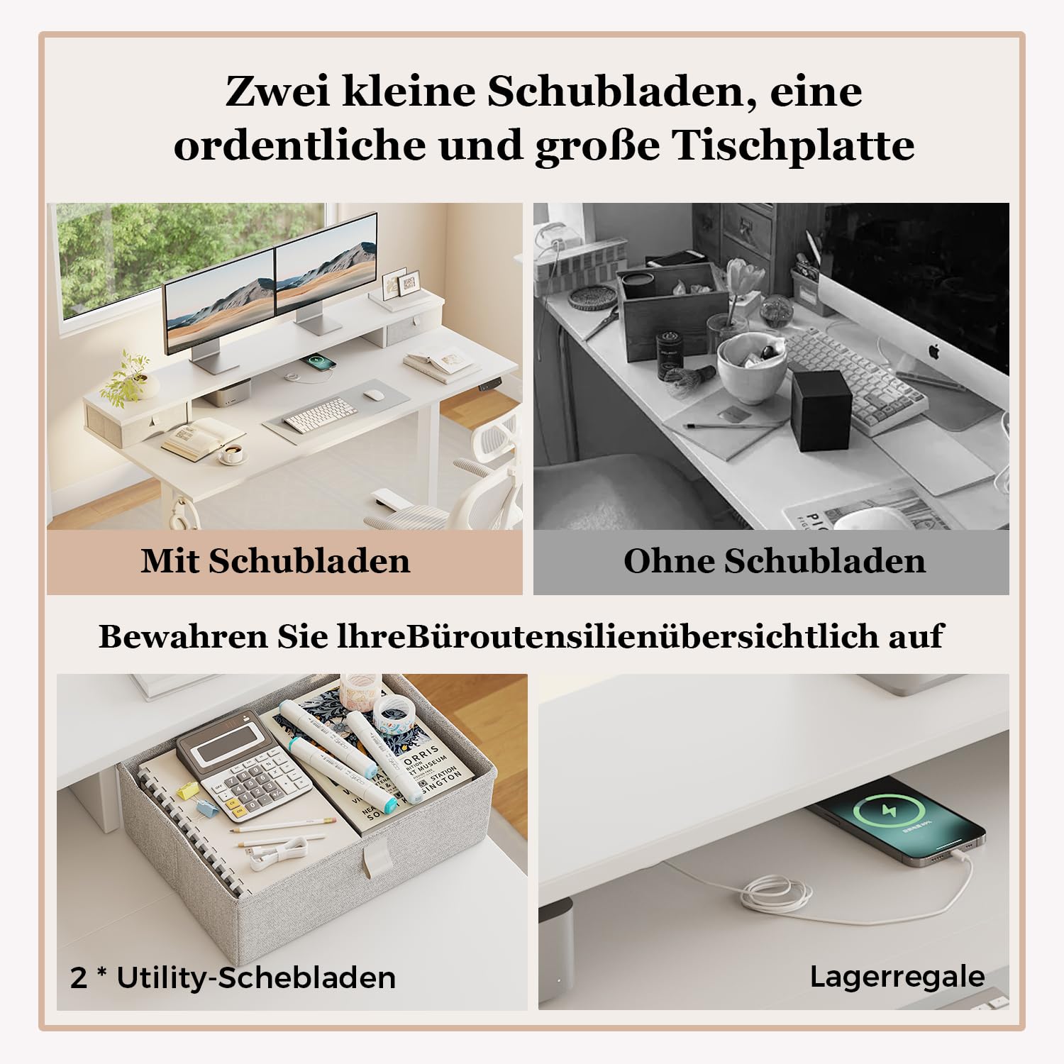 Klicelor Höhenverstellbarer Schreibtisch mit Doppelschubladen, Elektrisch Höhenverstellbarer Schreibtisch, Sitz-Steh-Computertisch, Ergonomischer Stehschreibtisch, 100 x 60 cm, Weiß