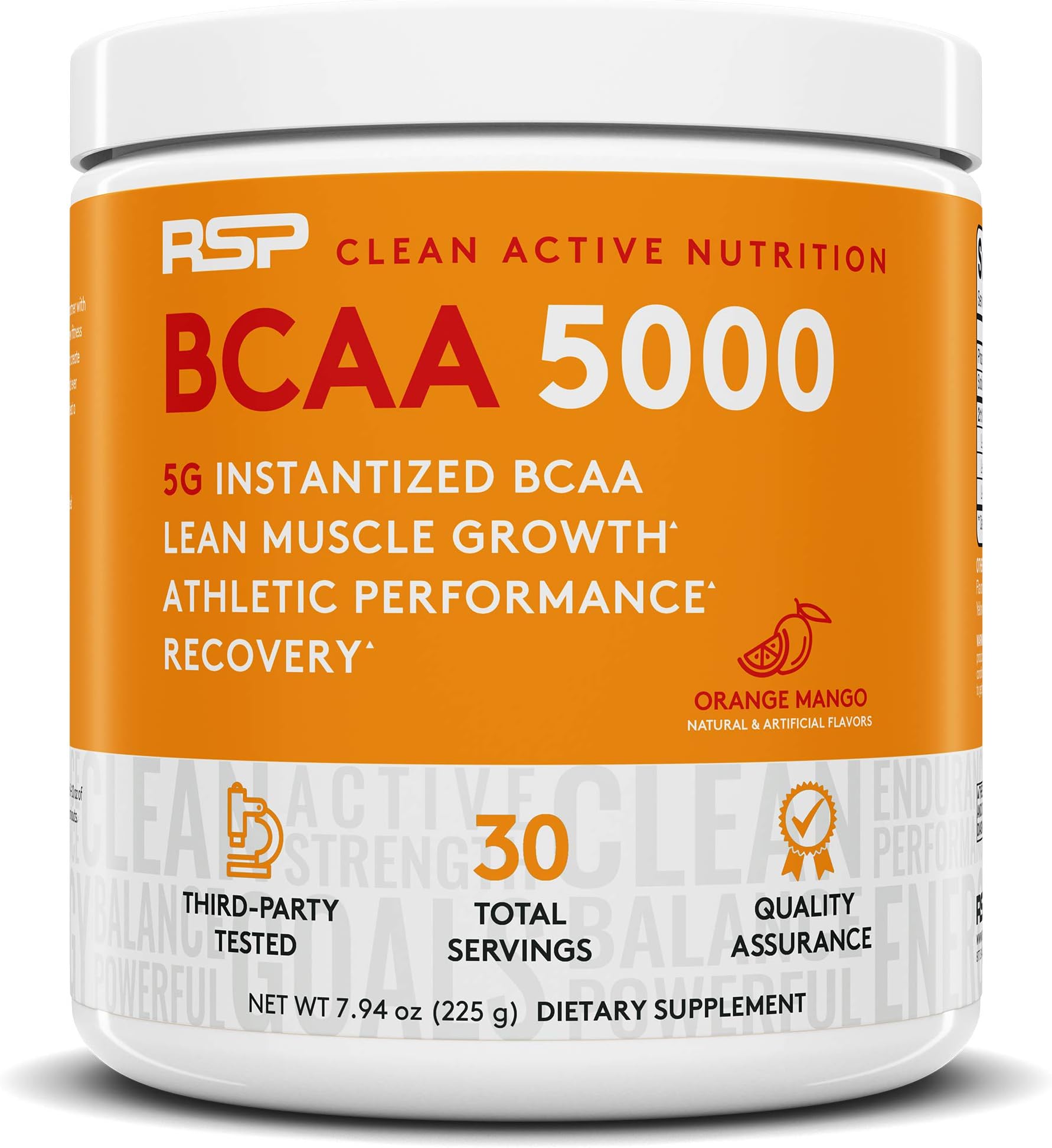 RSP BCAA 5000 (30 Serv), Premium BCAA Powder for Post Workout Muscle Recovery, Endurance & Energy, 5g of Essential Branched Chain Amino Acids Per Serving (Orange Mango)