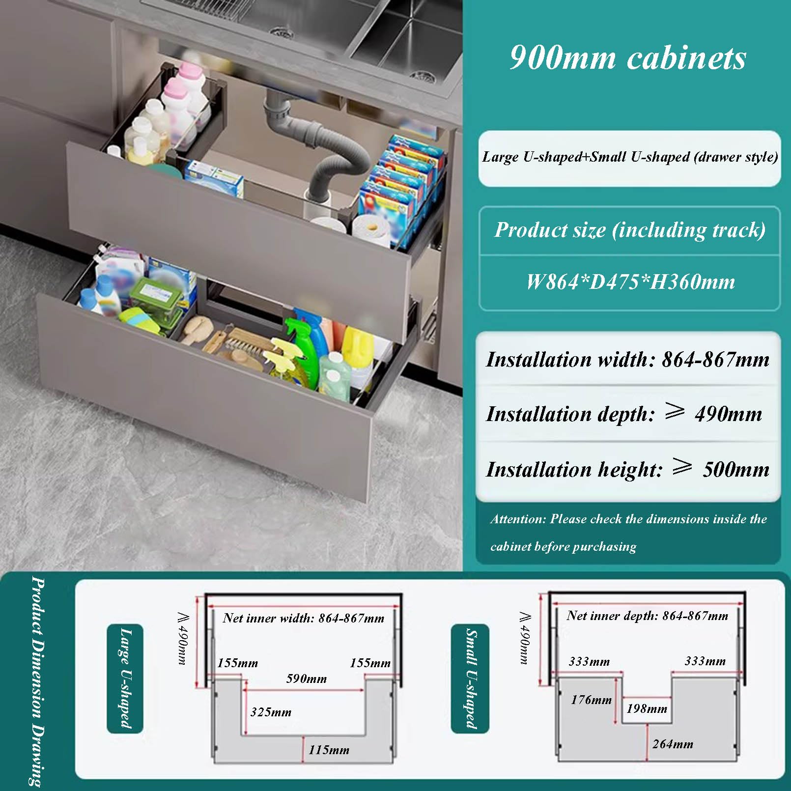 Orgas - Armario de almacenamiento con 2 estantes para debajo del fregadero, de aleación de aluminio, con cristal templado, tipo cajón, 900 mm