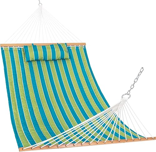 Lazy Daze Hammocks Hamaca de tela acolchada de 12 pies con almohada, hamaca doble para 2 personas con barra separadora para exteriores, patio,