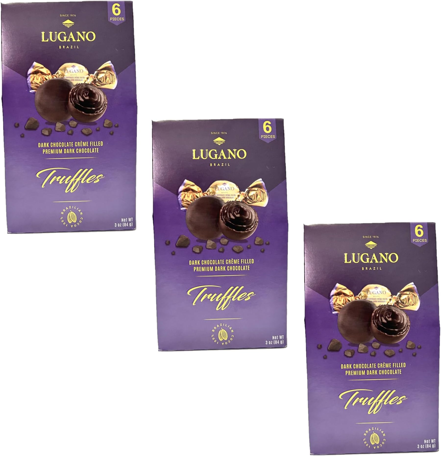 Lugano Truffles Premium Dark Chocolate Filled with Dark Chocolate Creme - Pack of 3-100% Brazilian Cocoa - Tasty for the Whole Family