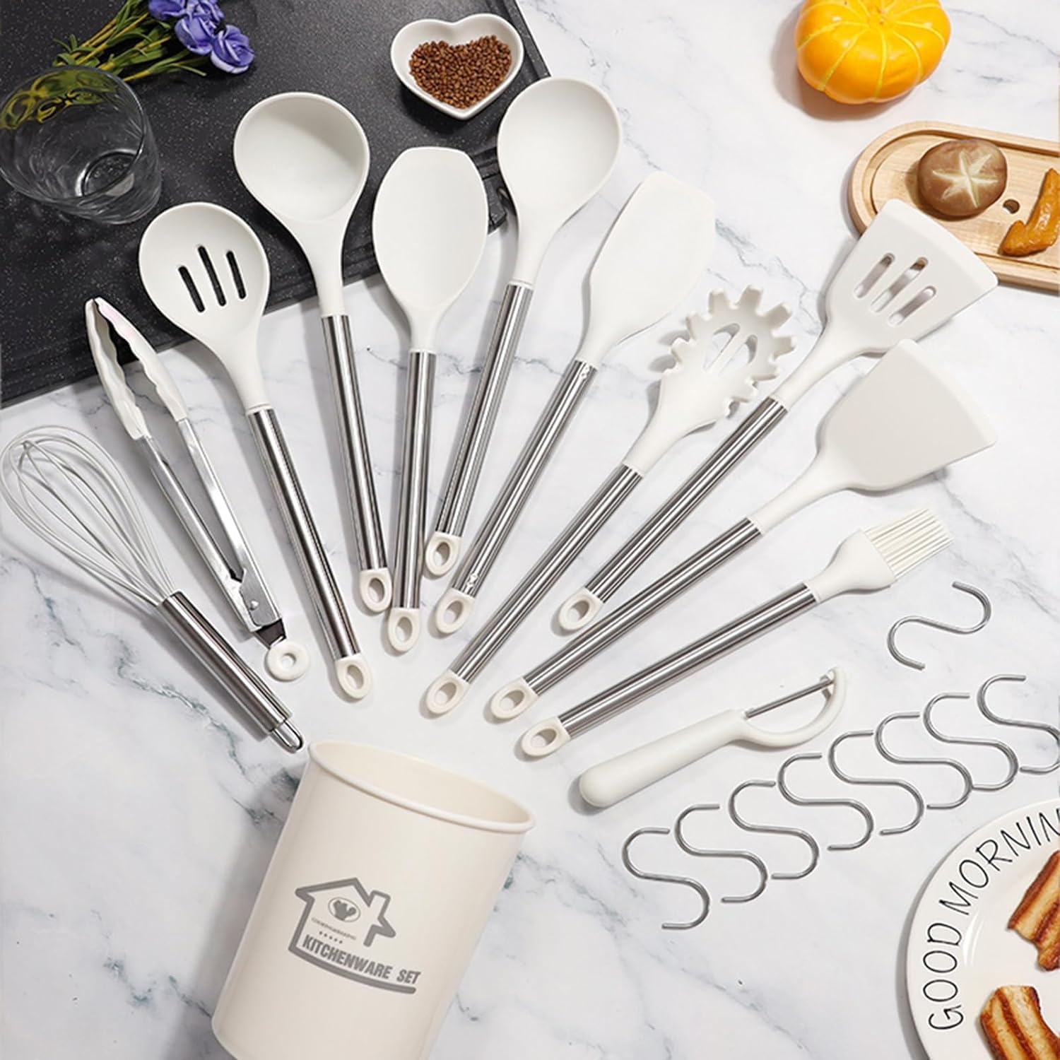 Juego de Utensilios de Cocina, Utensilios Cocina, Juego de espátula de silicona antiadherente de 23 piezas for utensilios de cocina antiadherentes aptos for lavavajillas con mango de acero inoxidable