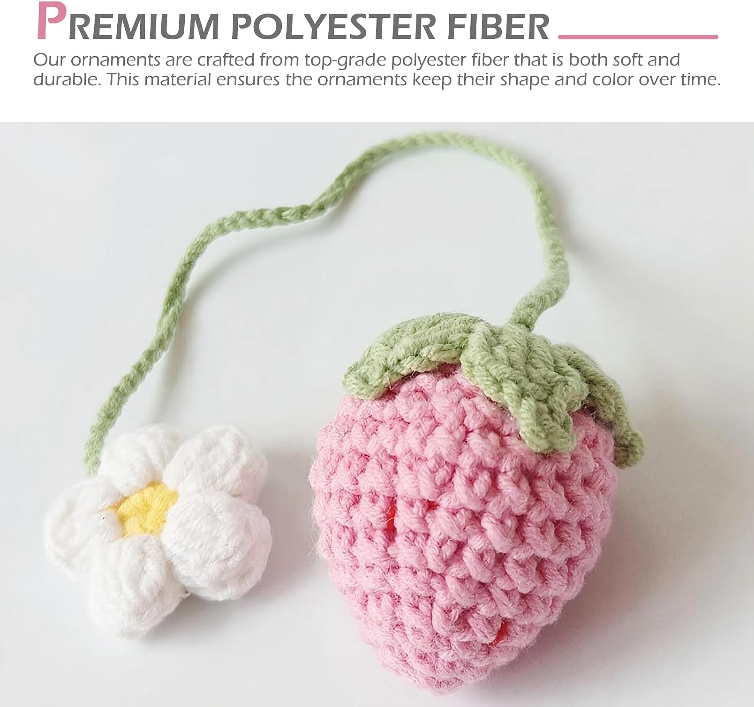 MLY 2 PCS Crochet Strawberry Flower Car Mirror Hanging Decor, Handmade Aesthetic Strawberry Car Rearview Mirror Hanging Ornaments, Cute Rearview Mirror Hanging Accessories for Women and Grils image 5